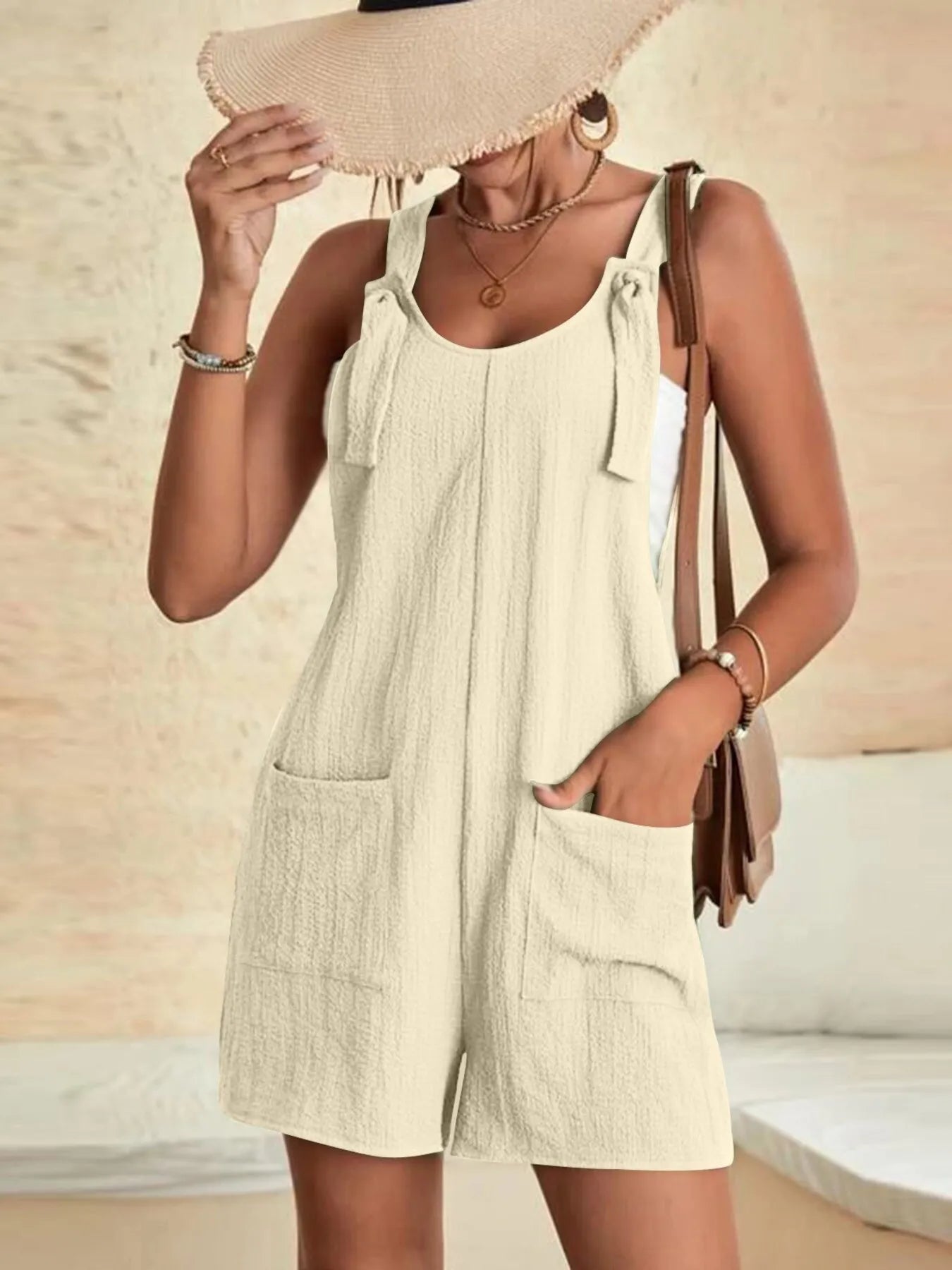 Full Size Knot Strap Romper with Pockets Plus Size Apricot Easy Apparels