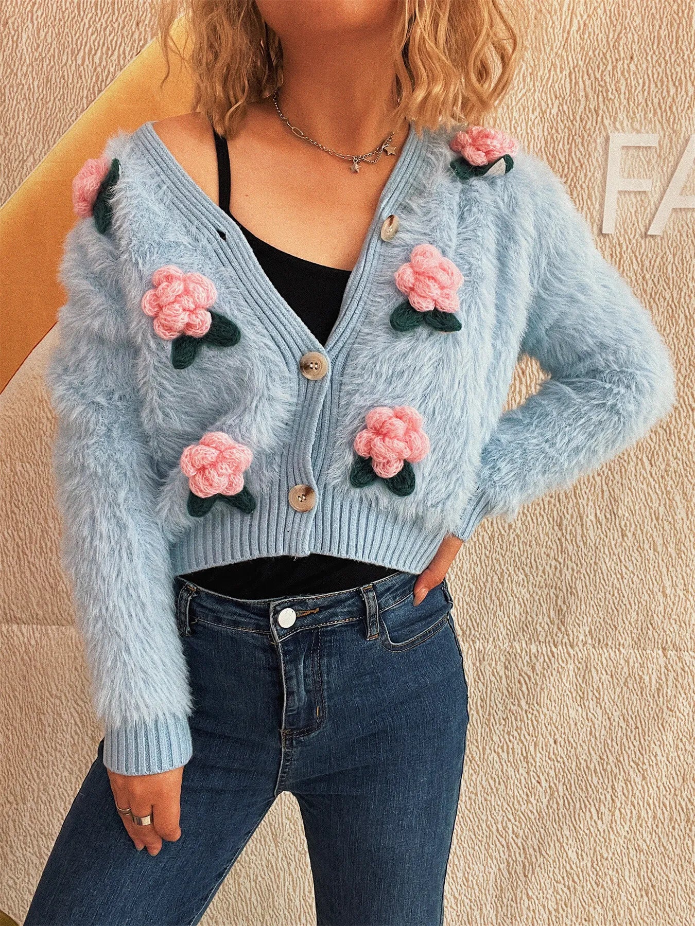 Flower Fuzzy Button-Up Cardigan Easy Apparels