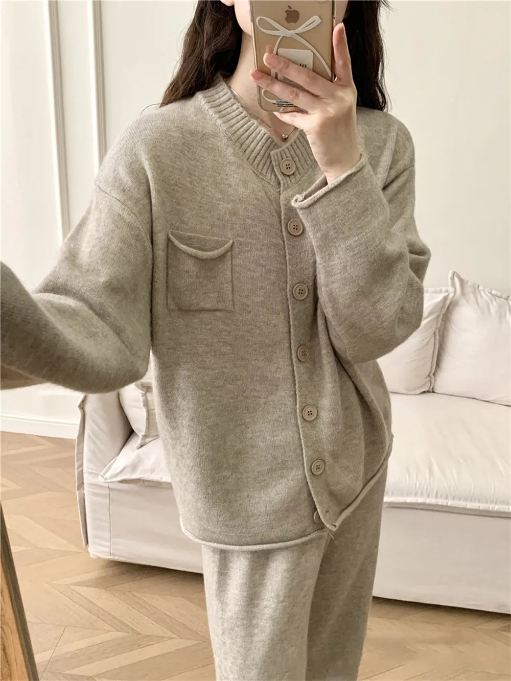 Pocketed Round Neck Button Up Cardigan and Pants Sweater Set Easy Apparels