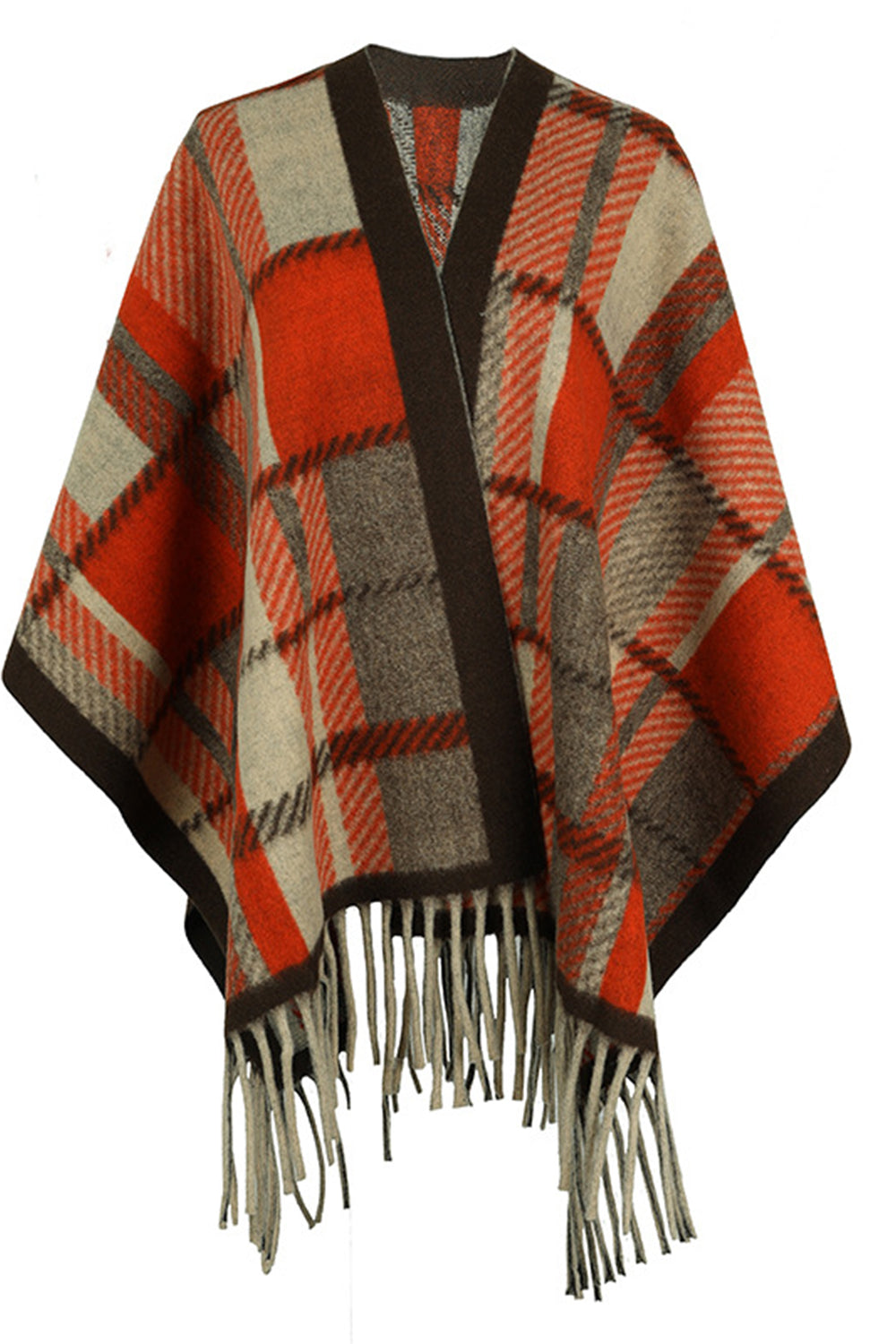 Cloak Sleeve Fringe Detail Poncho Brick Red One Size Easy Apparels