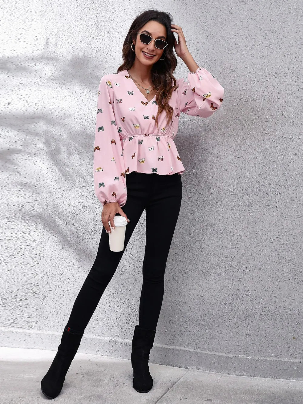 Trendsi Butterfly V-Neck Balloon Sleeve Peplum Blouse