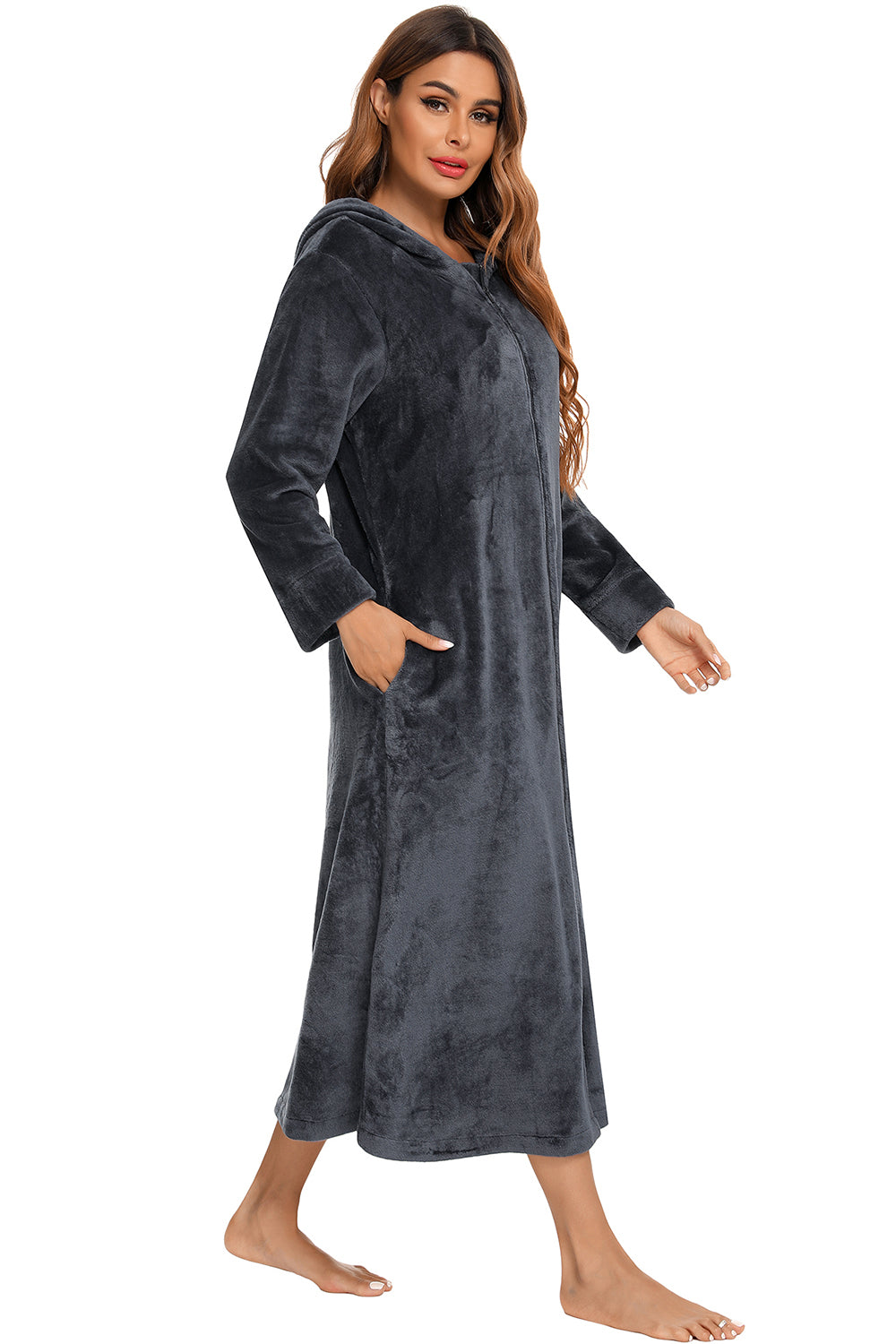 Zip Front Hooded Night Dress with Pockets Easy Apparels
