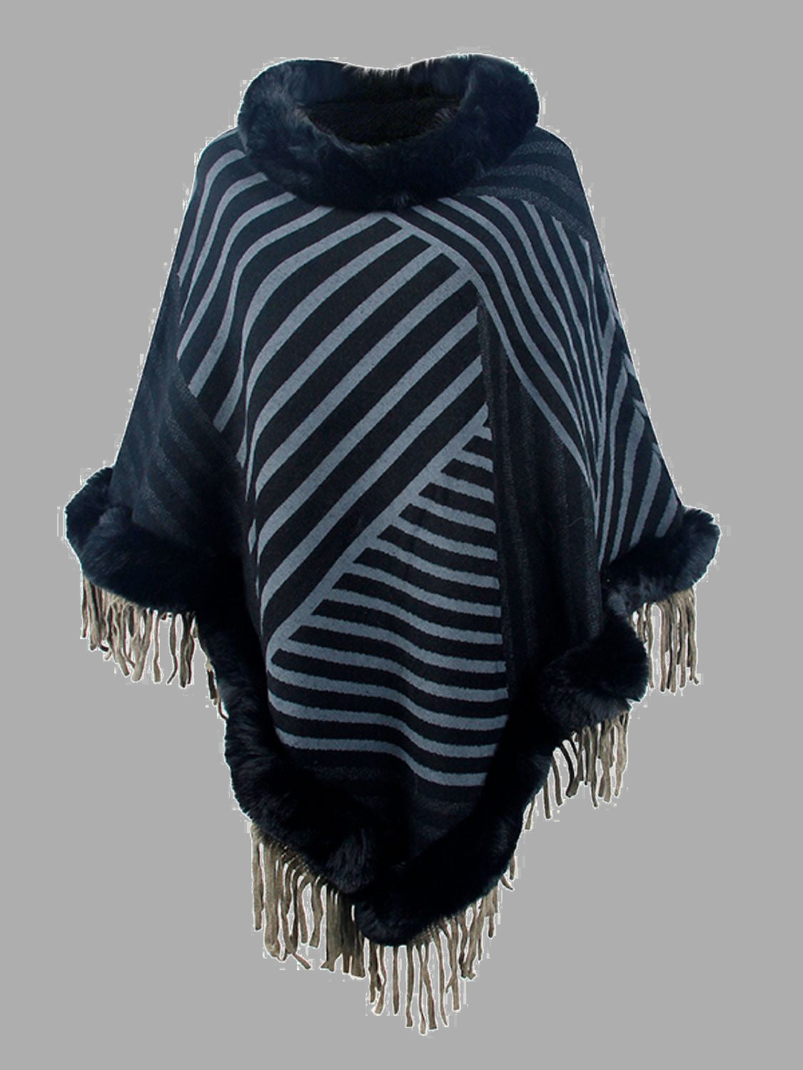 Striped Fringe Hem Poncho French Blue One Size Easy Apparels