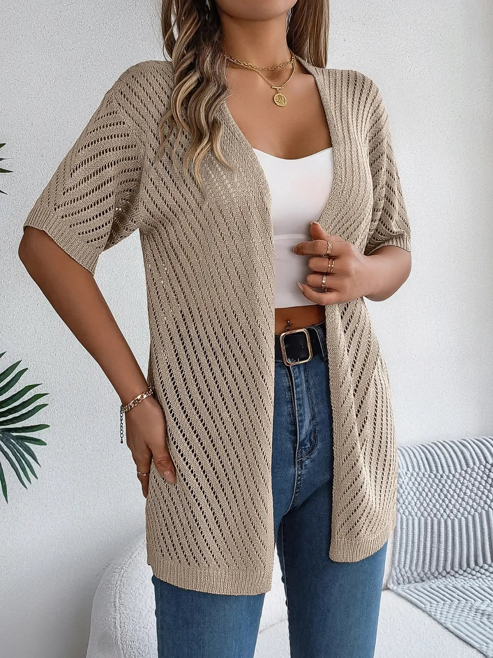 Openwork Open Front Half Sleeve Cardigan Easy Apparels