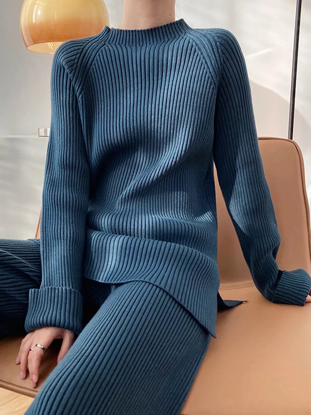 Mock Neck Raglan Sleeve Top and Pants Sweater Set Easy Apparels