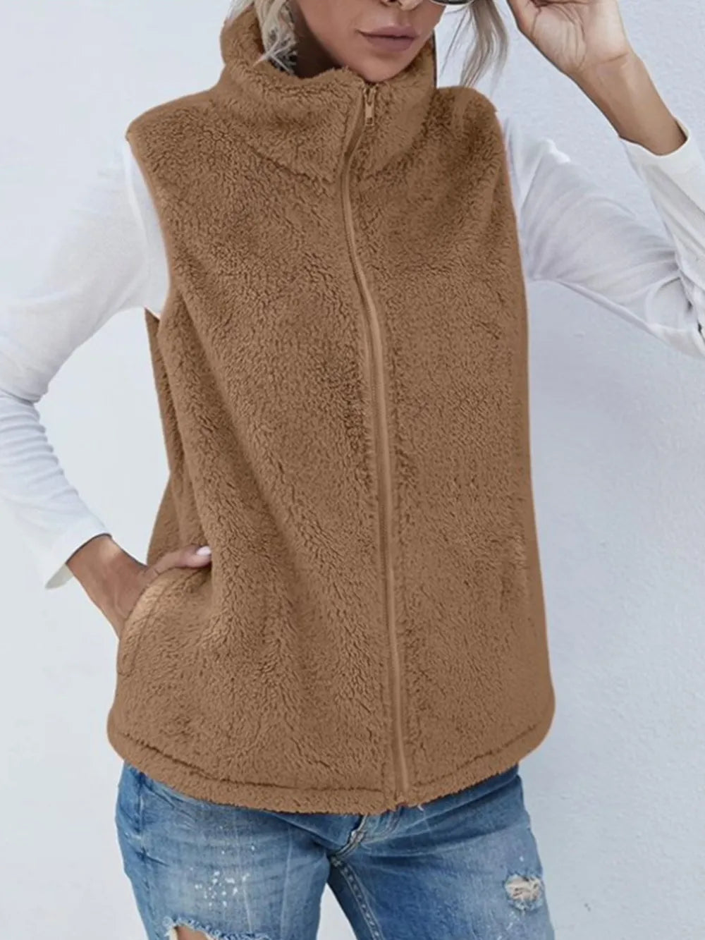 Full Size Fuzzy Zip Up Vest Coat with Pockets Camel Easy Apparels