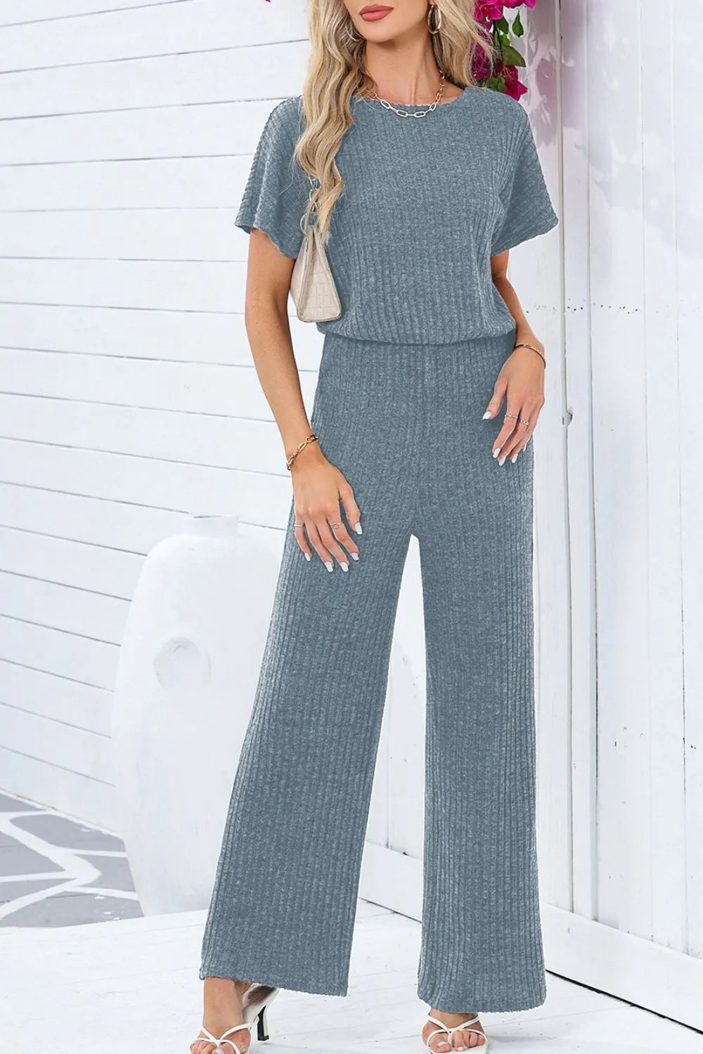 Ribbed Short Sleeve Wide Leg Jumpsuit Easy Apparels