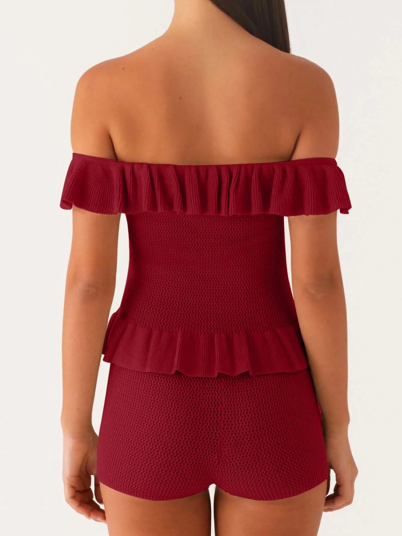Off-Shoulder Ruffle Top and Shorts Sweater Set Easy Apparels