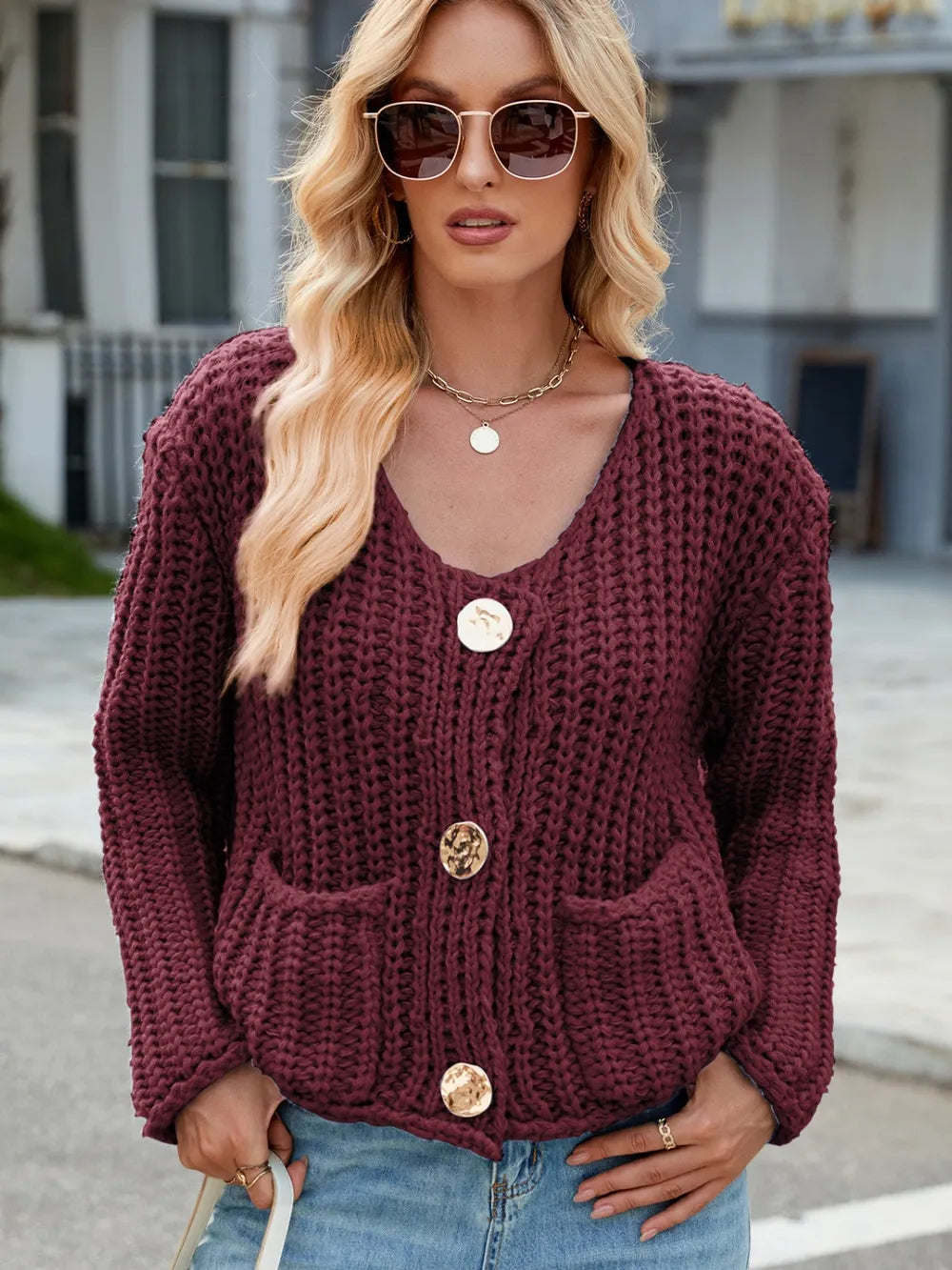 Round Neck Button Up Cardigan with Pockets Easy Apparels