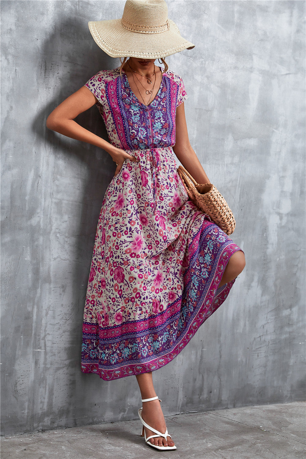Trendsi V-Neck Short Sleeve Printed Maxi Dress