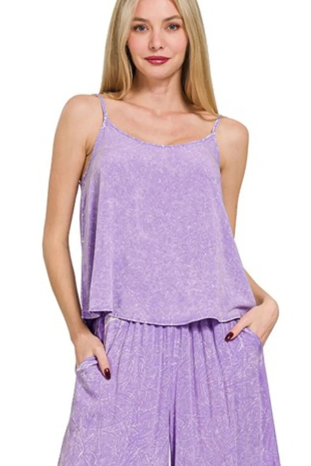 Zenana Woven Acid Crinkle Washed Cami & Pants 2 Piece Set Easy Apparels