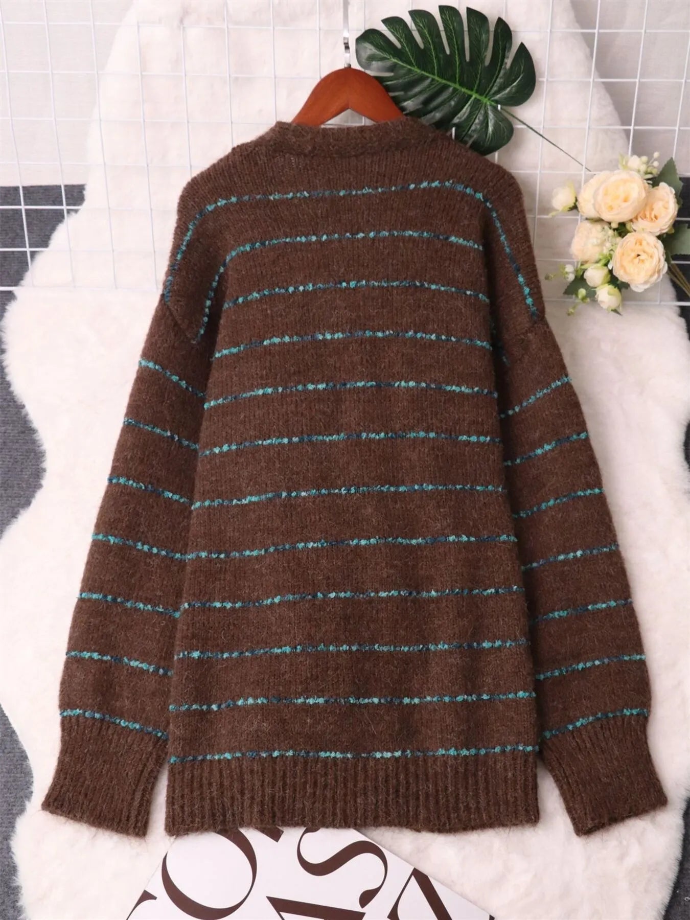 Striped Button-Up Cardigan with V-Neck Design Easy Apparels