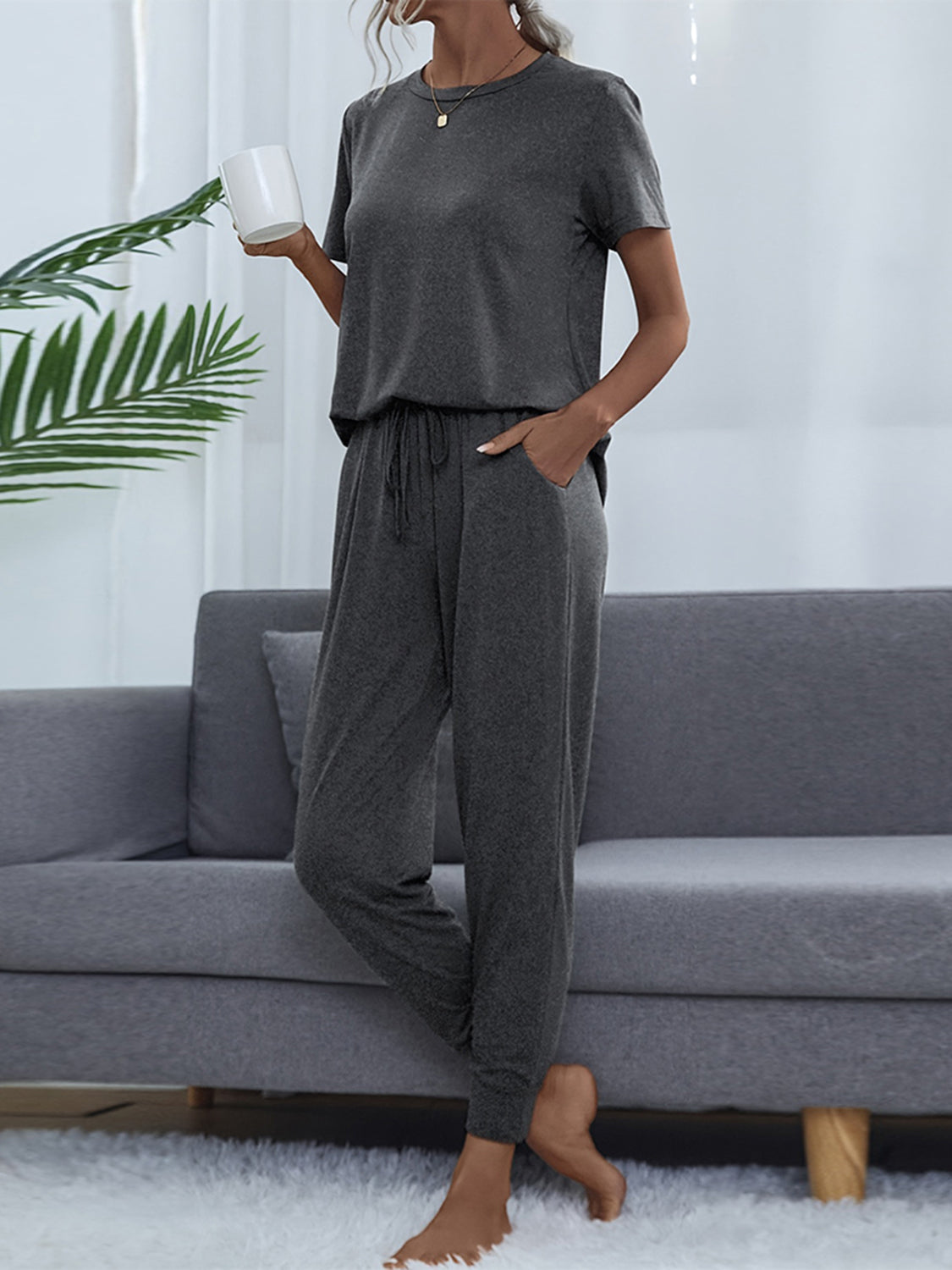 Shiny Round Neck Short Sleeve Top and Pants Set Easy Apparels