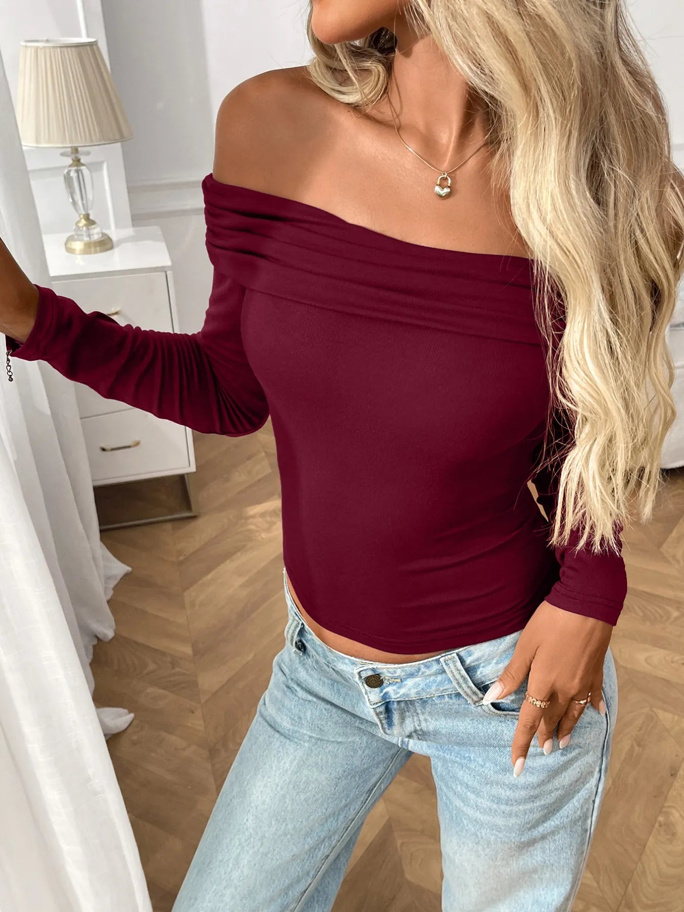 Trendsi Off-Shoulder Long Sleeve Fitted T-Shirt