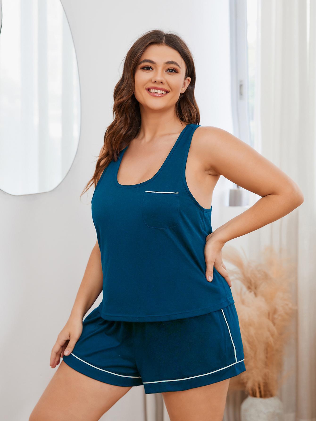 Plus Size Contrast Piping Racerback Tank and Shorts Lounge Set Easy Apparels