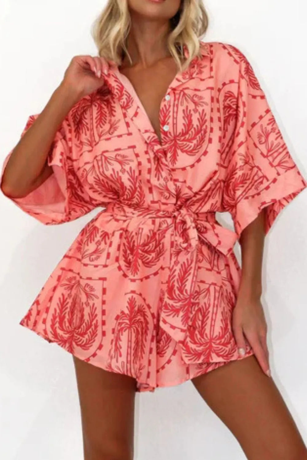 Printed Tie Waist Romper Easy Apparels