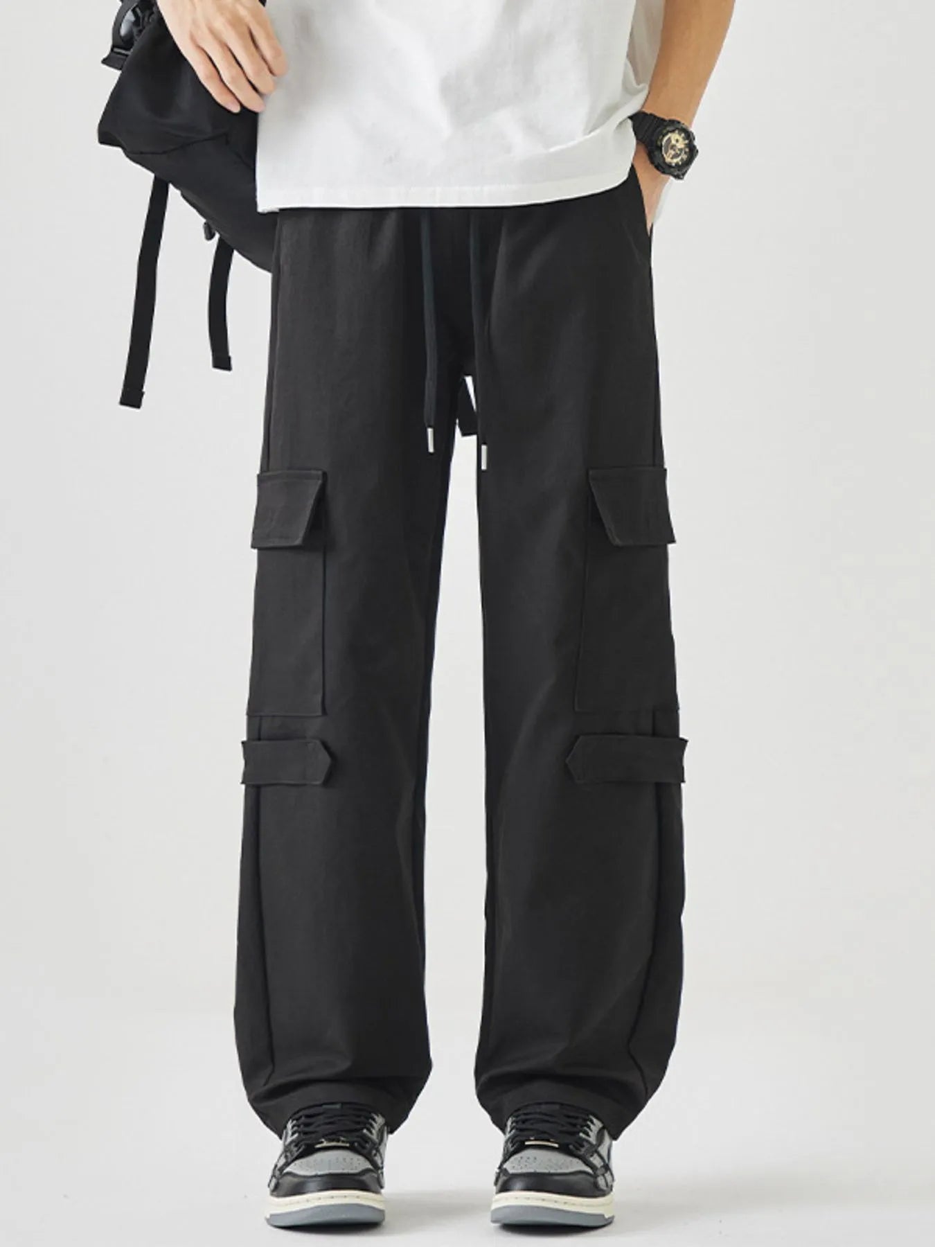 Men's Plus Size Multi-Pocket Cargo Utility Pants with Drawstring Waist Black Easy Apparels