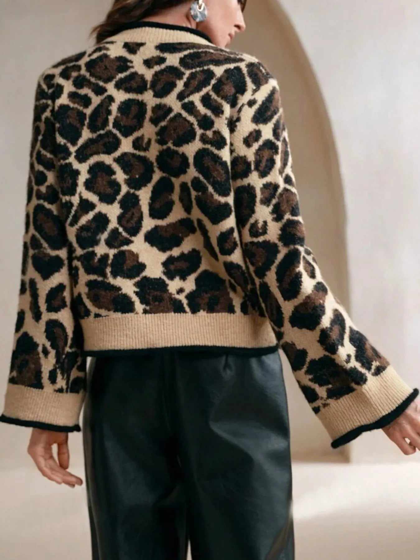 Leopard Print Bow-Tie Front Cropped Cardigan Easy Apparels