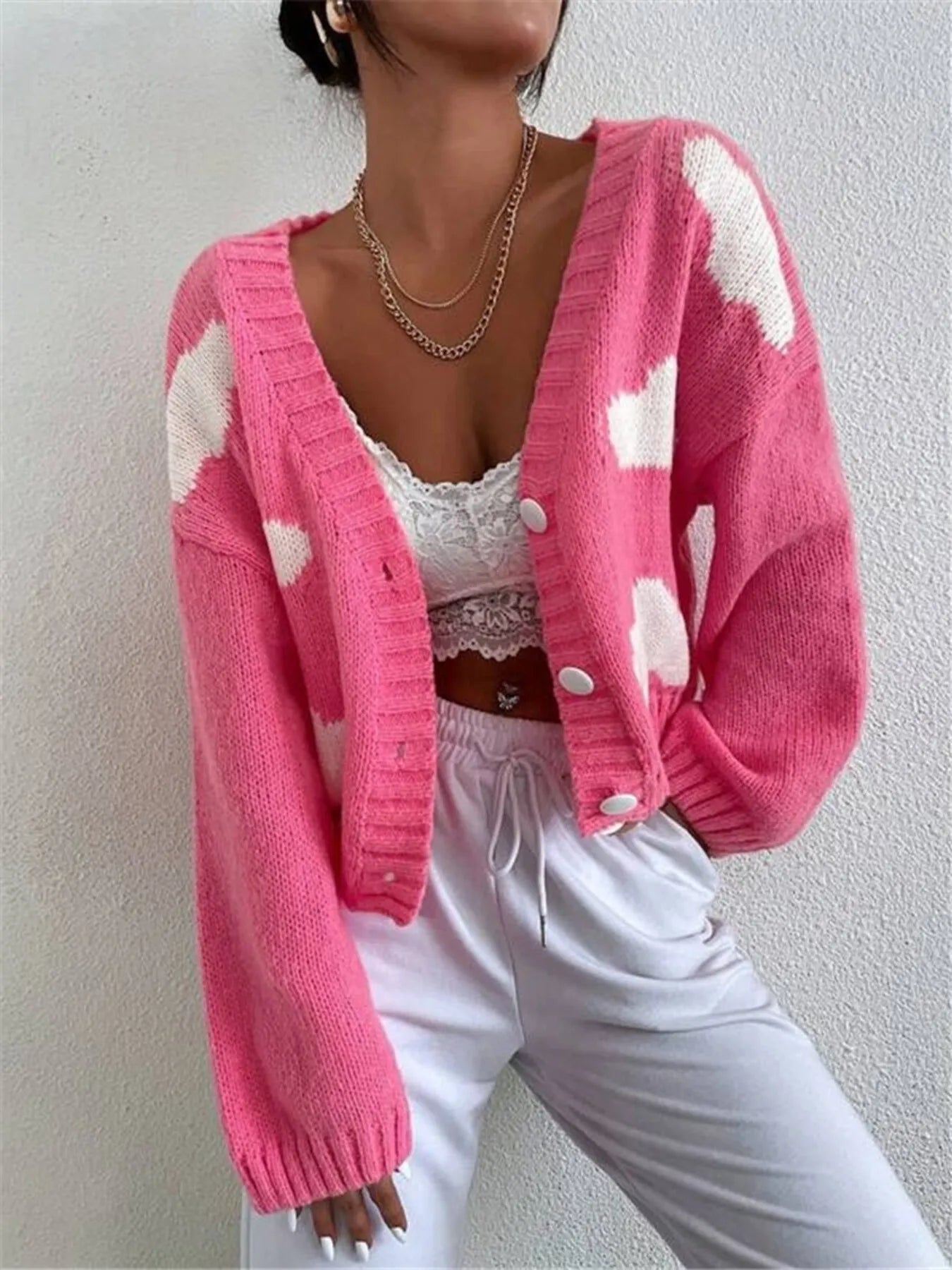 Contrast Cloud Pattern Cropped Button-Up Cardigan Easy Apparels