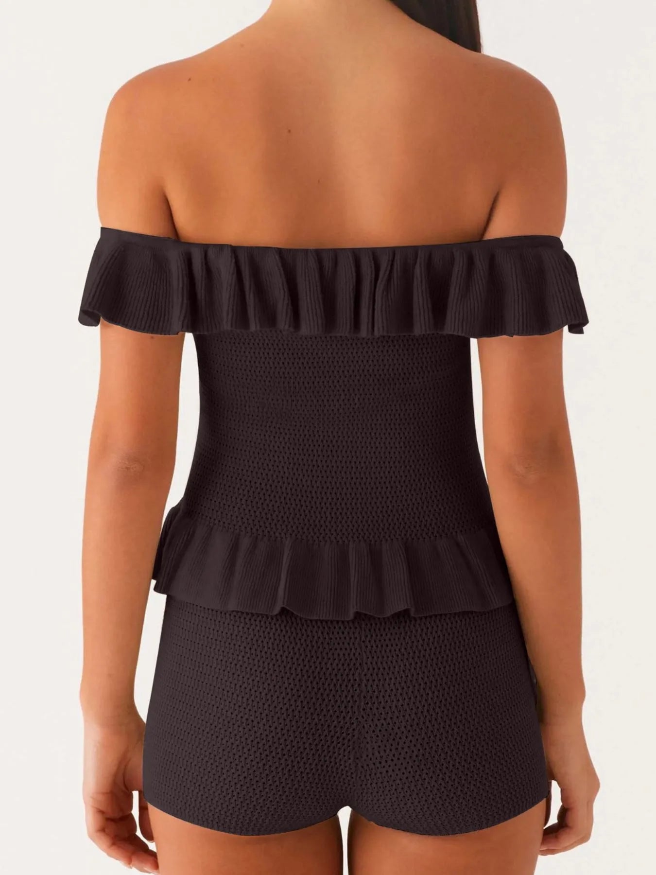 Off-Shoulder Ruffle Top and Shorts Sweater Set Easy Apparels