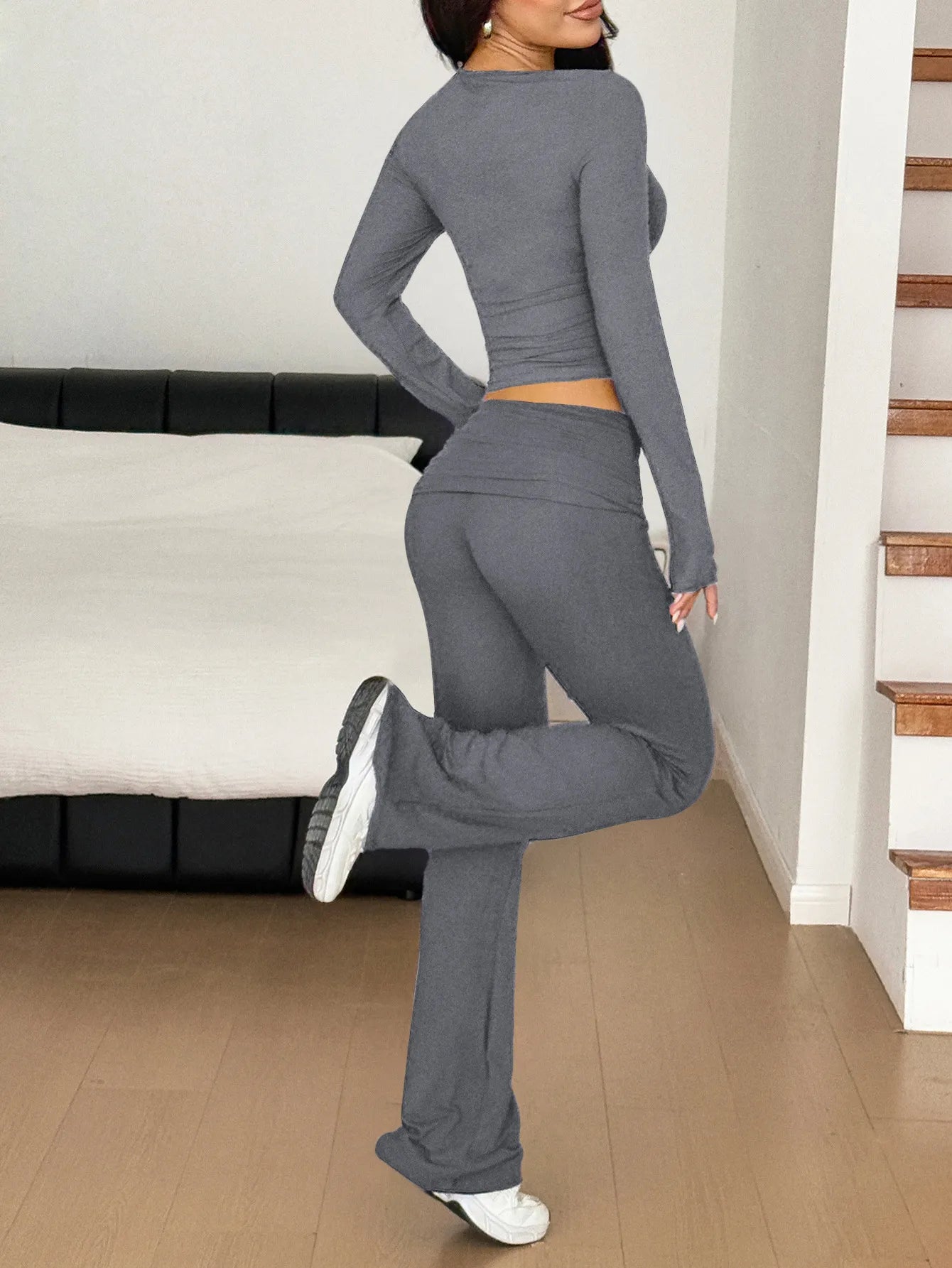 Long Sleeve Crop Top and Bootcut Pants Set Easy Apparels