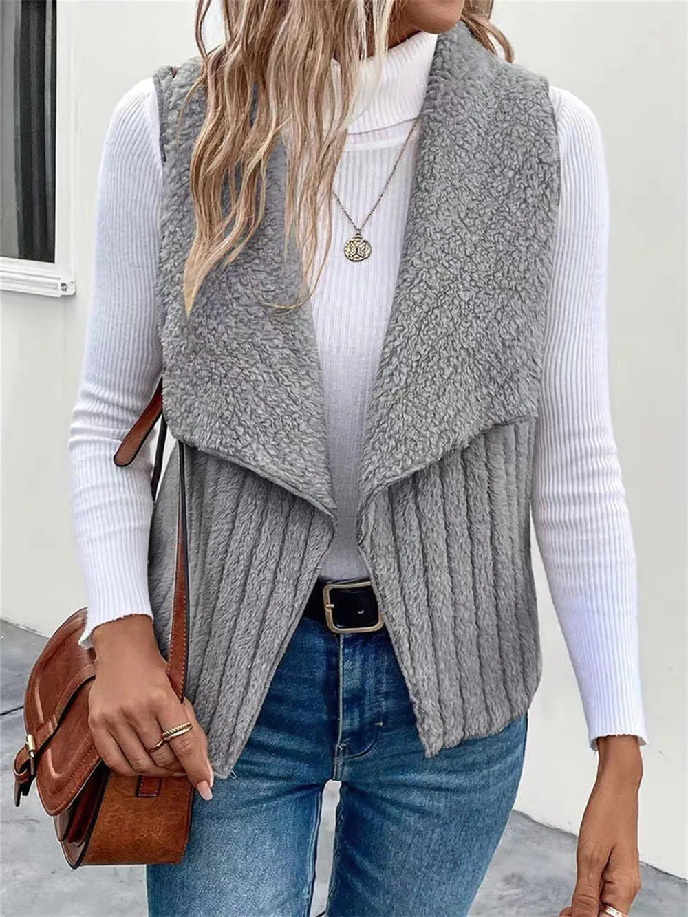 Open Front Fuzzy Vest Coat Gray Easy Apparels