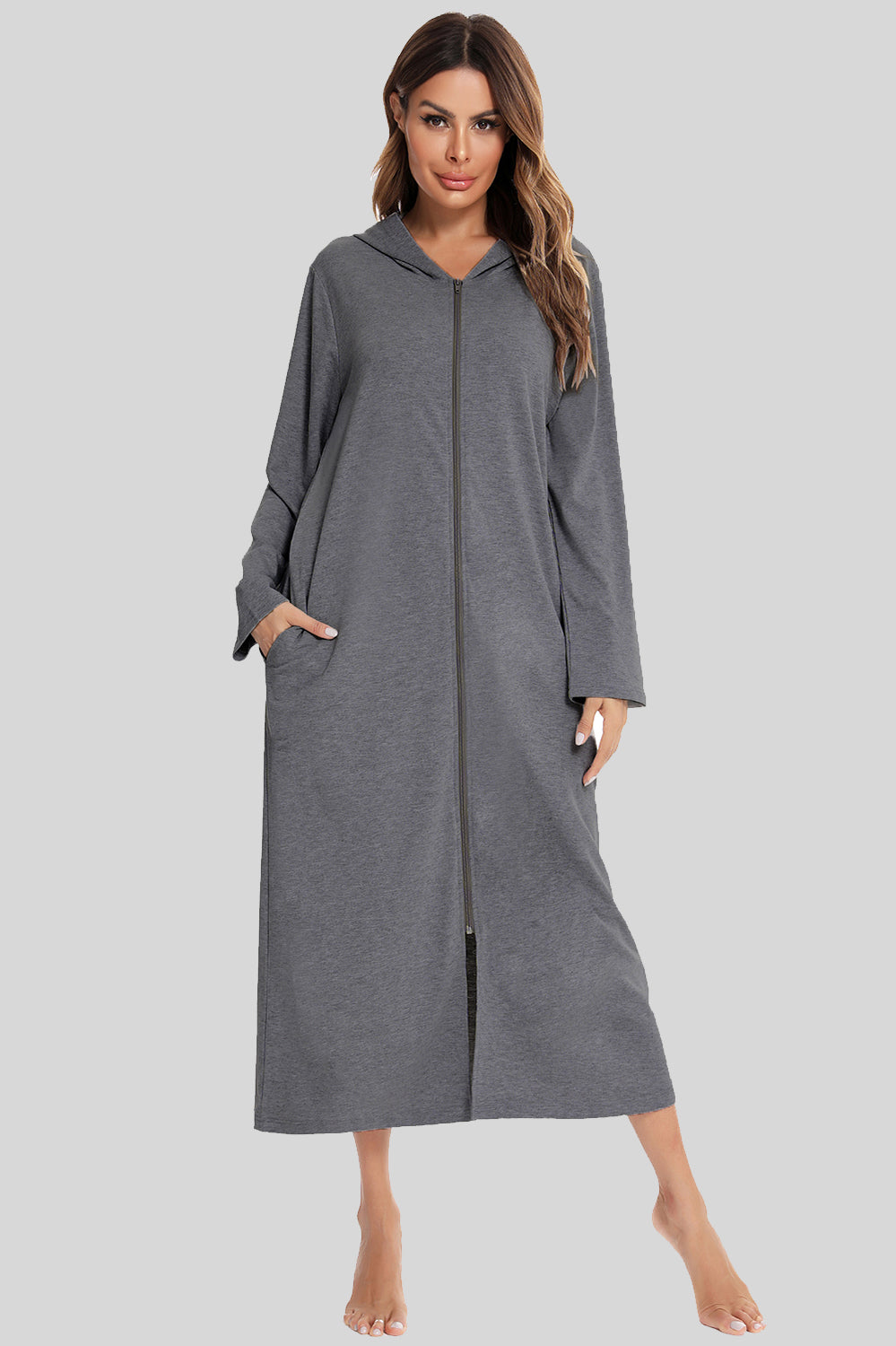 Zip Front Hooded Night Dress with Pockets Charcoal Easy Apparels