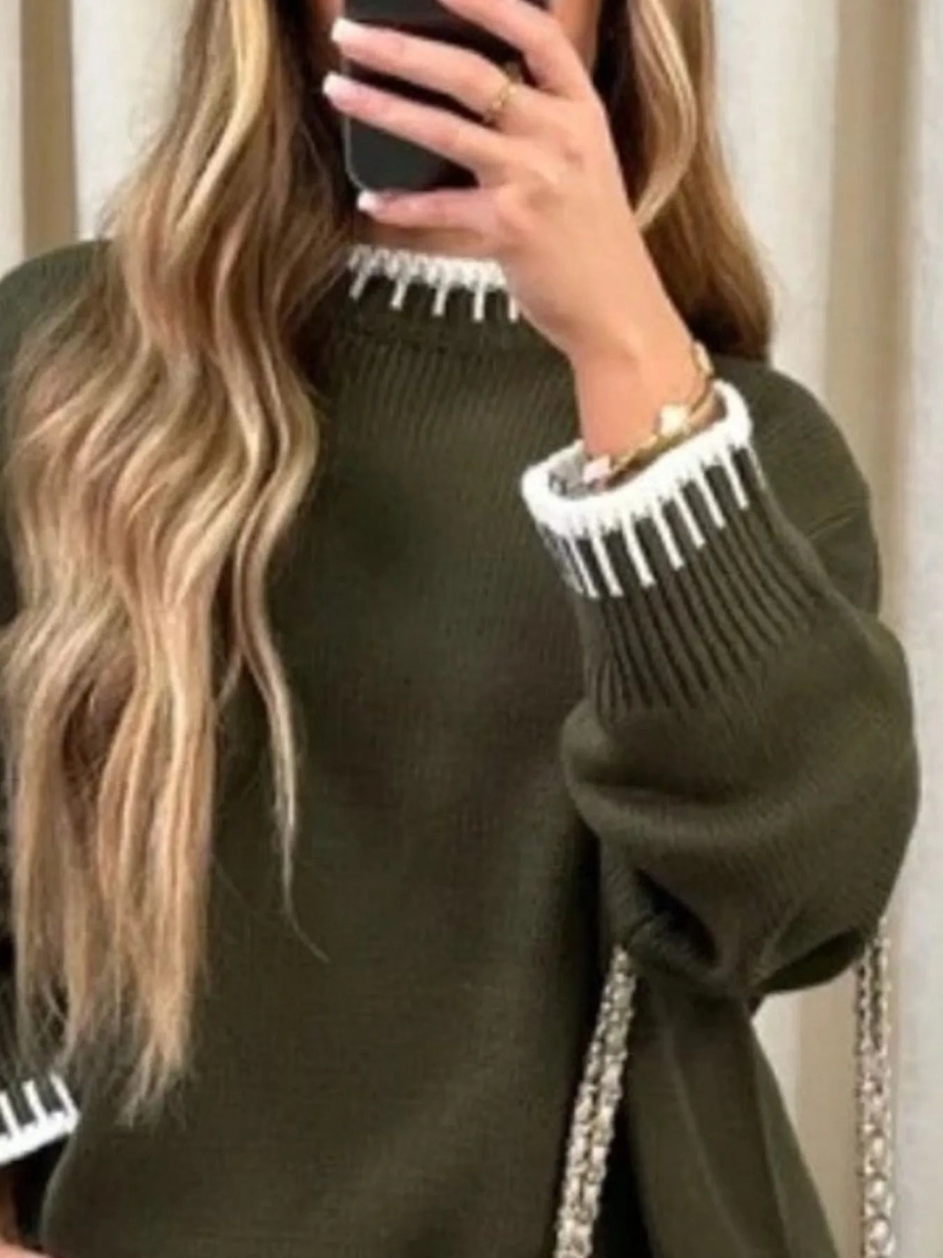 Contrast Trim Round Neck Top and Pants Sweater Set Easy Apparels