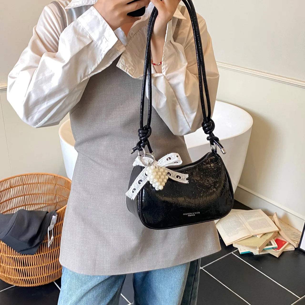 Knotted Strap Shoulder Bag Black onesize Easy Apparels
