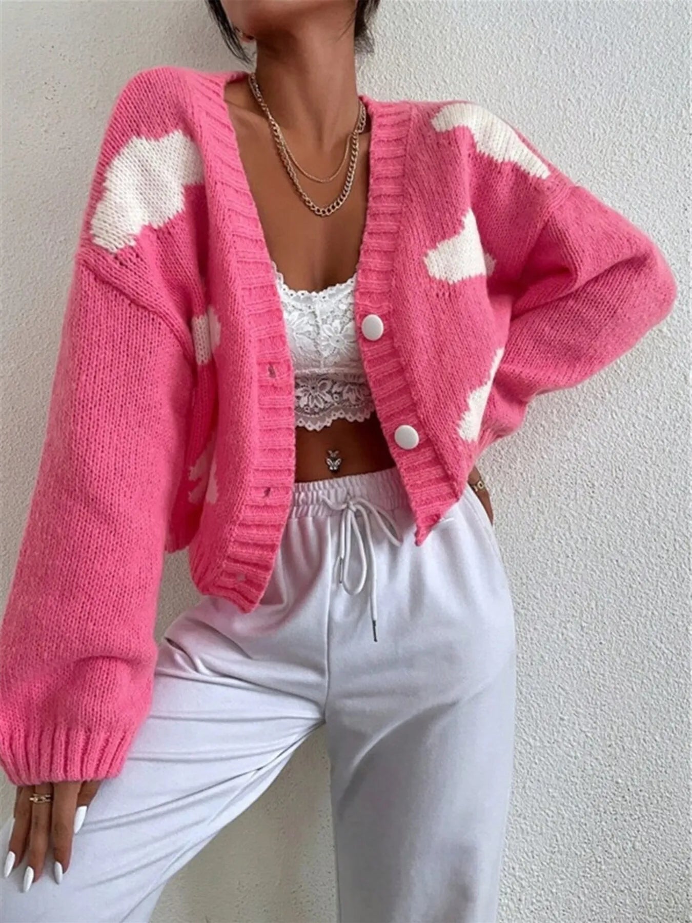 Contrast Cloud Pattern Cropped Button-Up Cardigan Easy Apparels