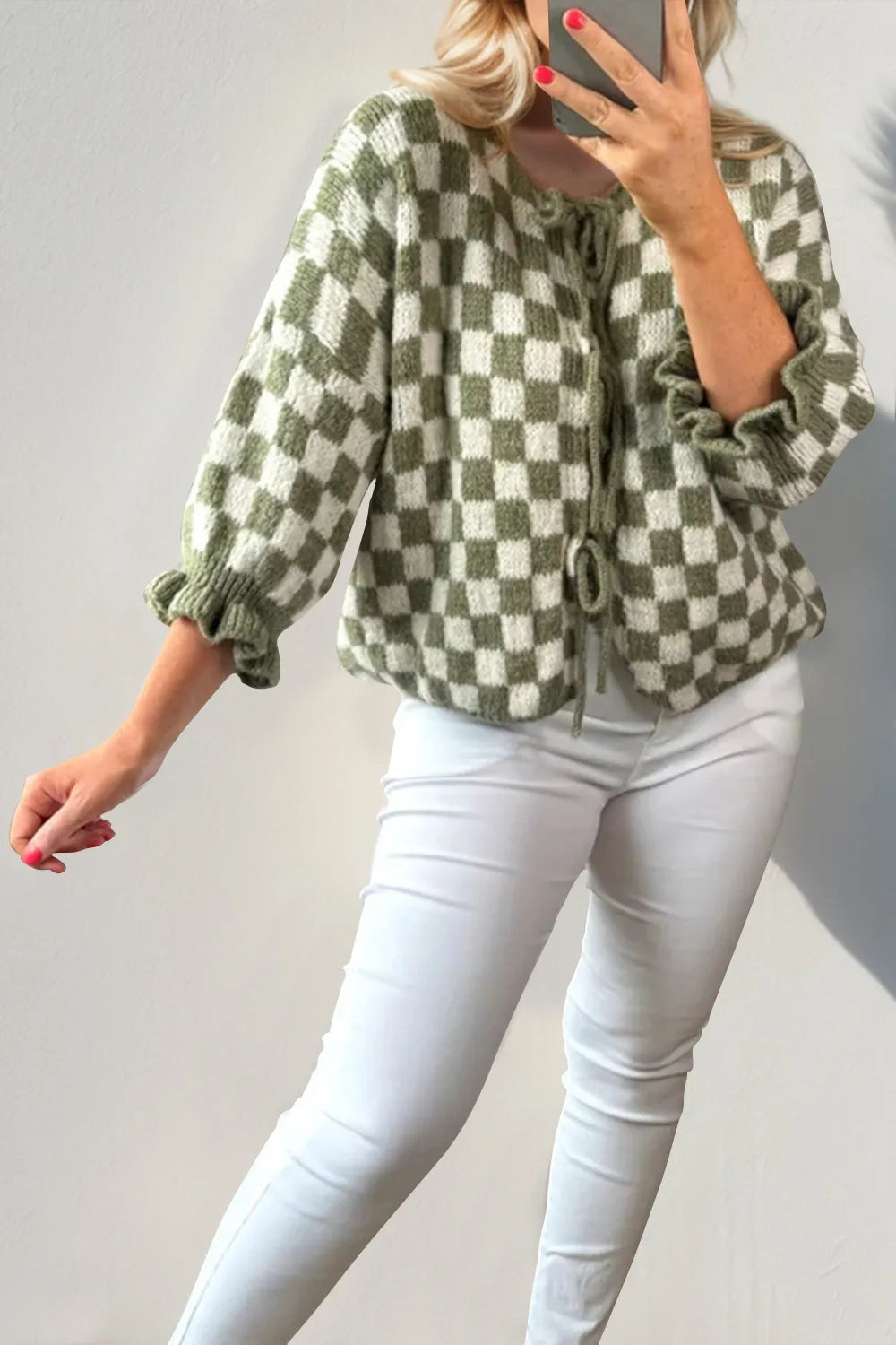 Double Take Tied Checkered Dropped Shoulder Flounce Sleeve Cardigan Easy Apparels