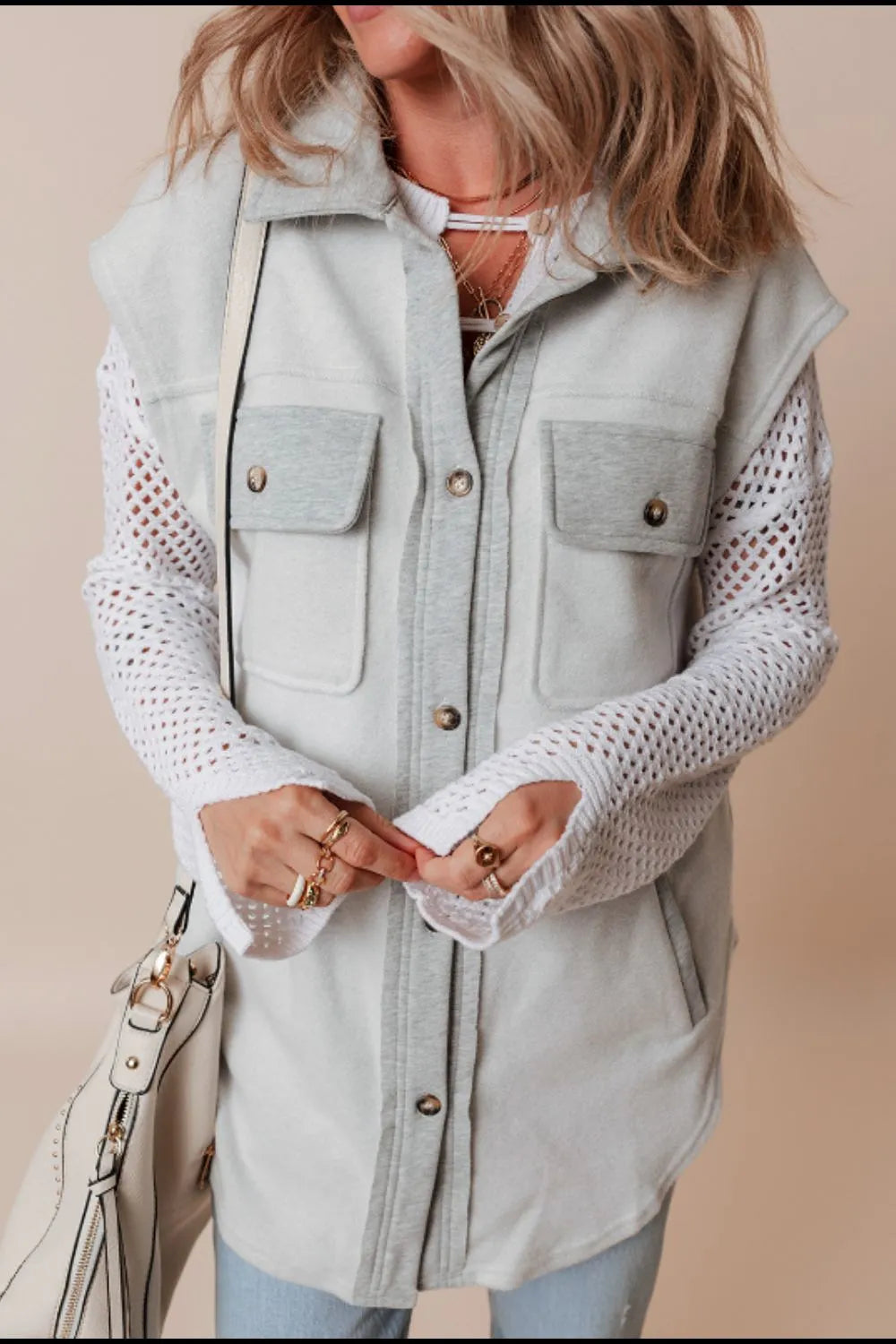 Pocketed Curved Hem Button Up Vest Easy Apparels