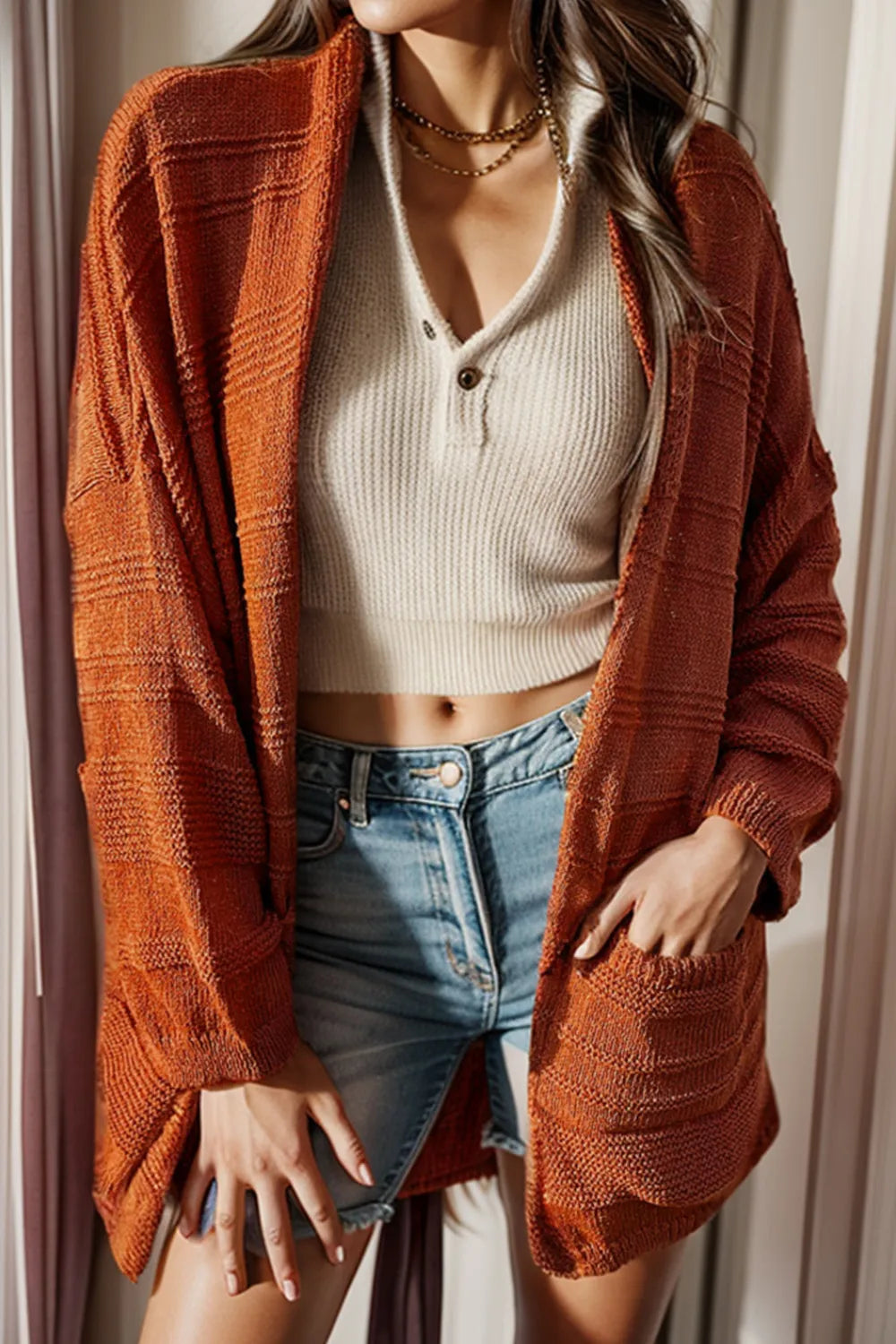 Open Front Textured Cardigan with Pockets Caramel Easy Apparels