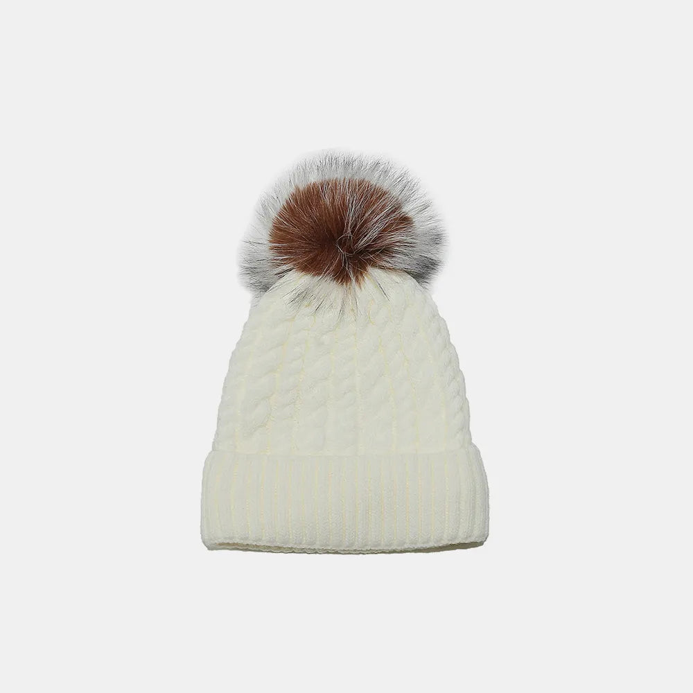 Cable Knit Winter Hat with Pompom Ivory One Size Easy Apparels