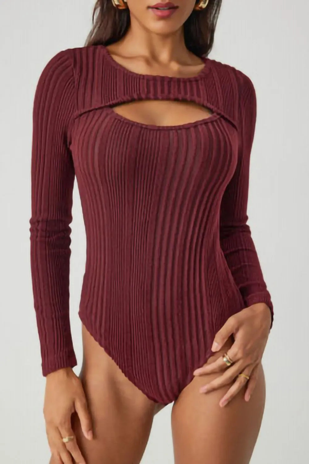 Trendsi Ribbed Cutout Round Neck Bodysuit Deep Red