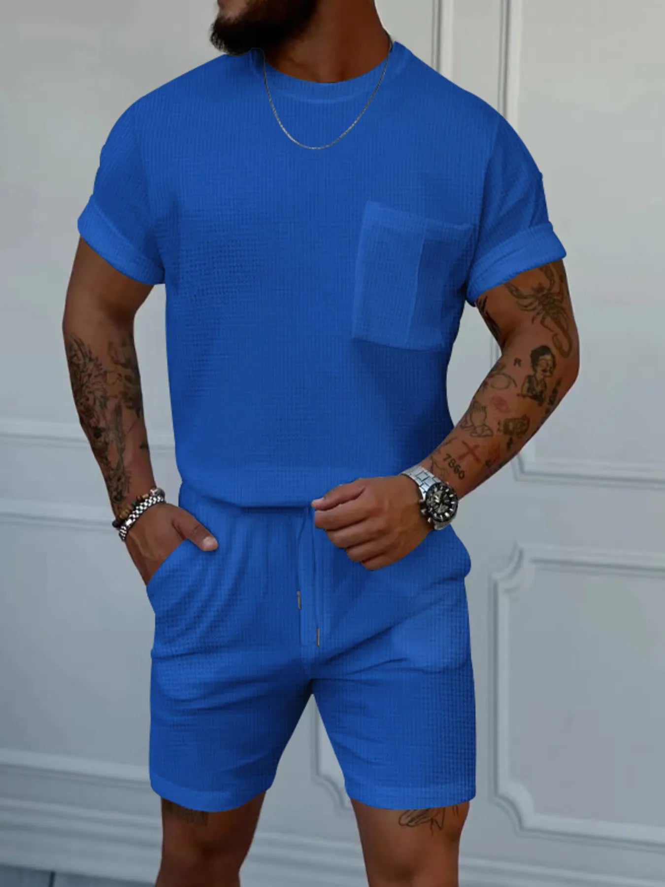 Men's Full Size Round Neck Short Sleeve Top and Shorts Set Plus Size Royal Blue Easy Apparels
