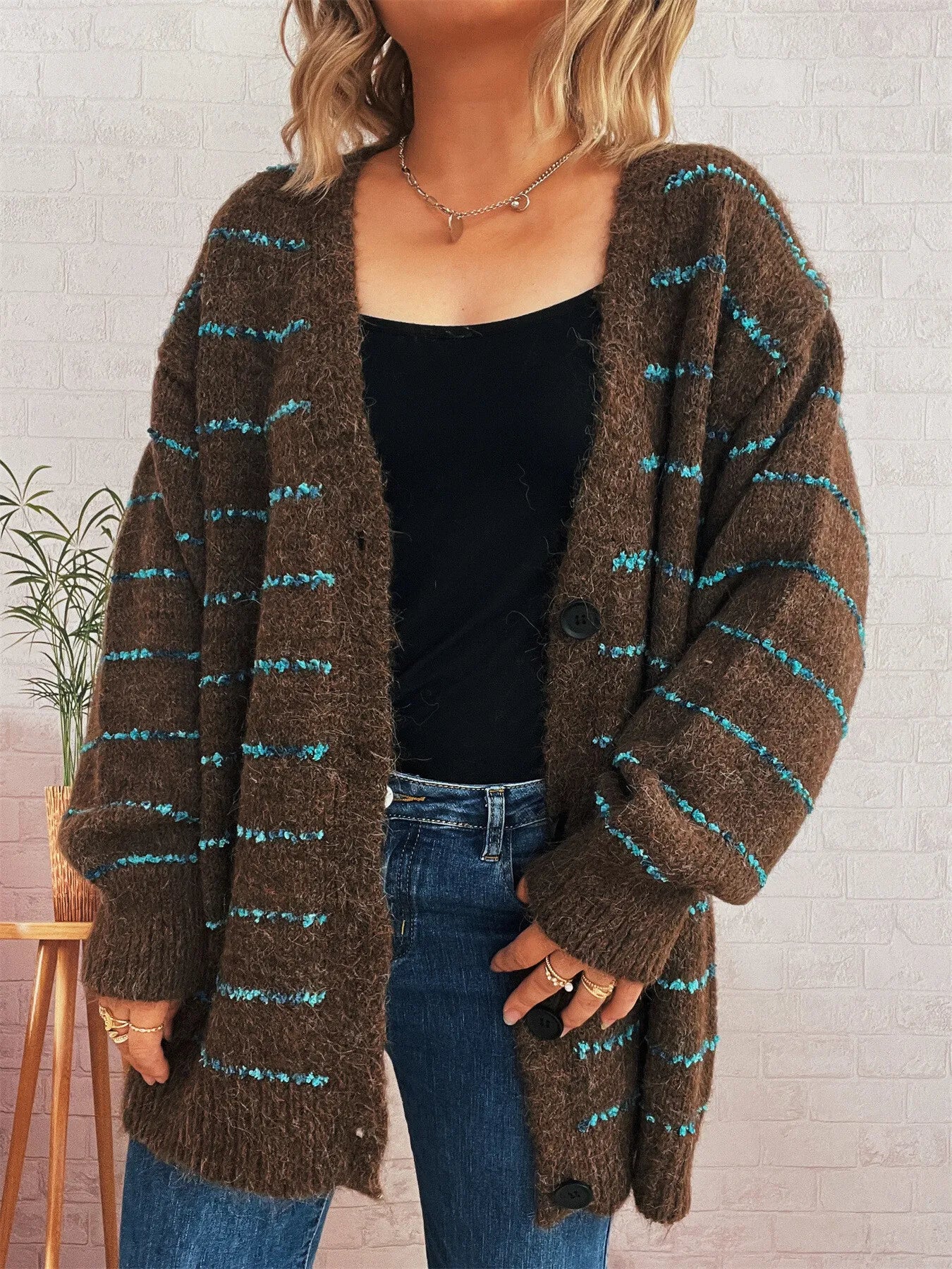 Striped Button-Up Cardigan with V-Neck Design Easy Apparels