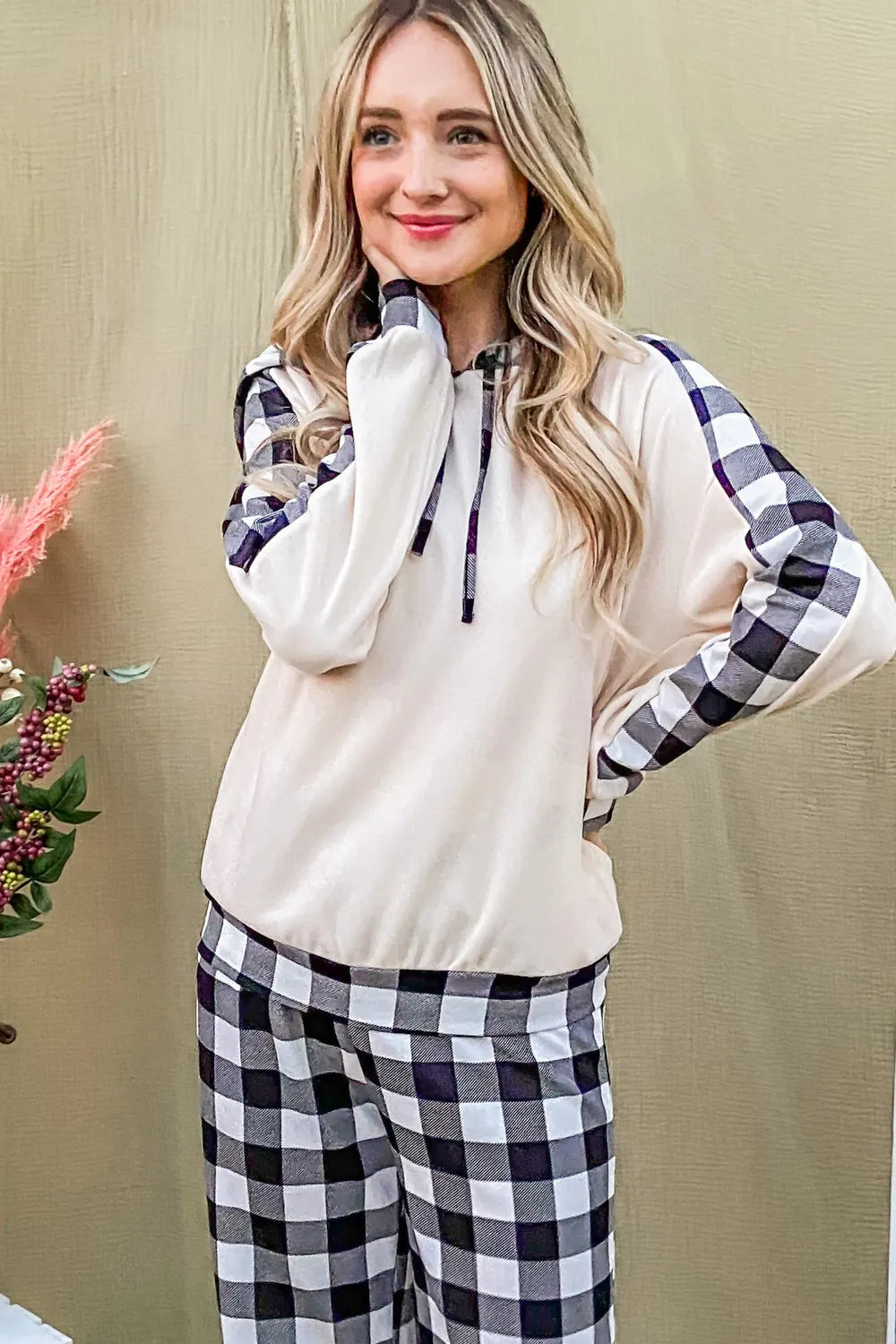 And The Why Drawstring Hooded Top and Plaid Pants Lounge Set Easy Apparels