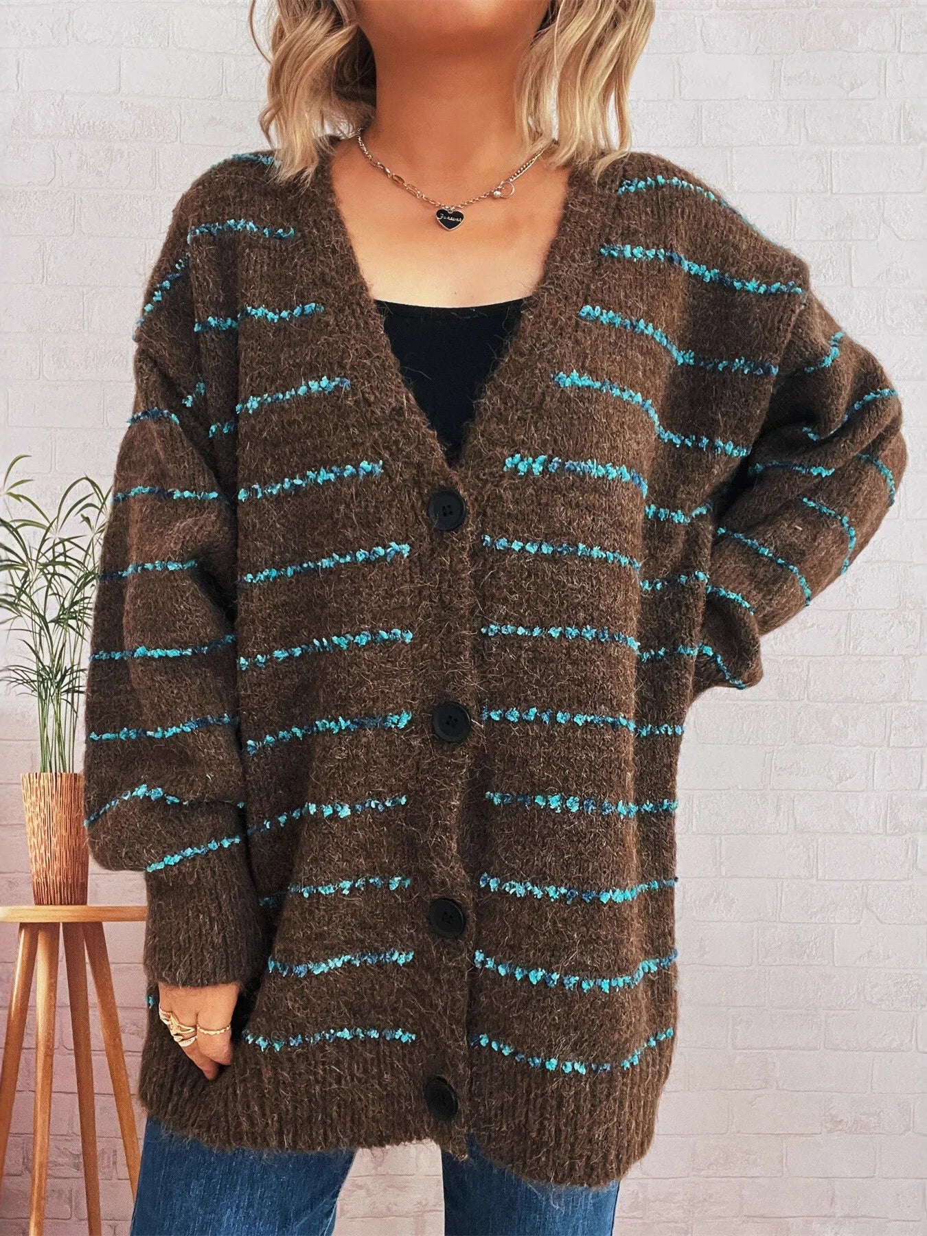 Striped Button-Up Cardigan with V-Neck Design Easy Apparels