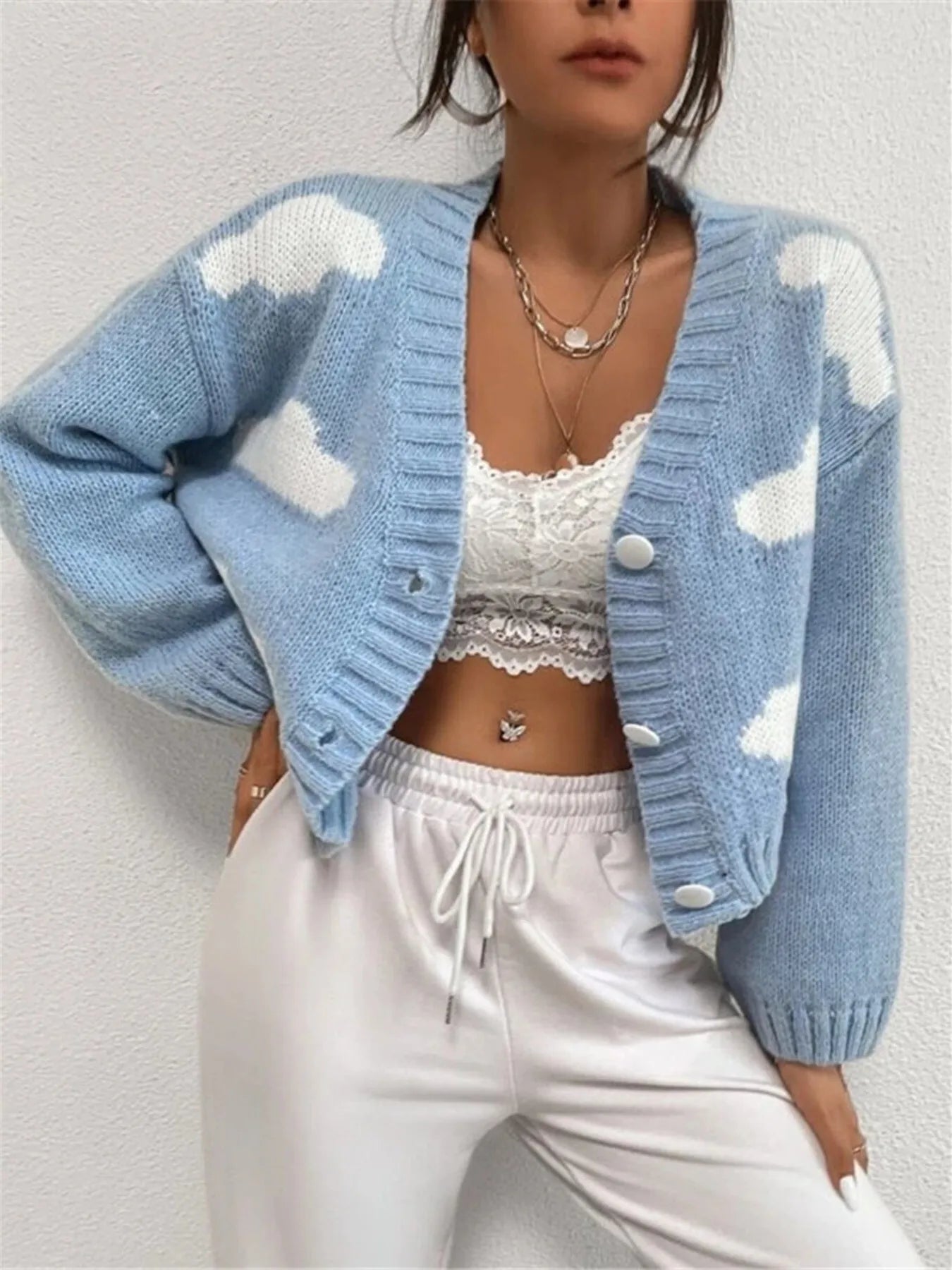 Contrast Cloud Pattern Cropped Button-Up Cardigan Easy Apparels