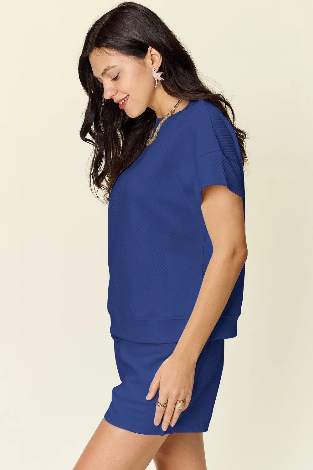 Double Take Full Size Texture Short Sleeve T-Shirt and Drawstring Shorts Set Easy Apparels