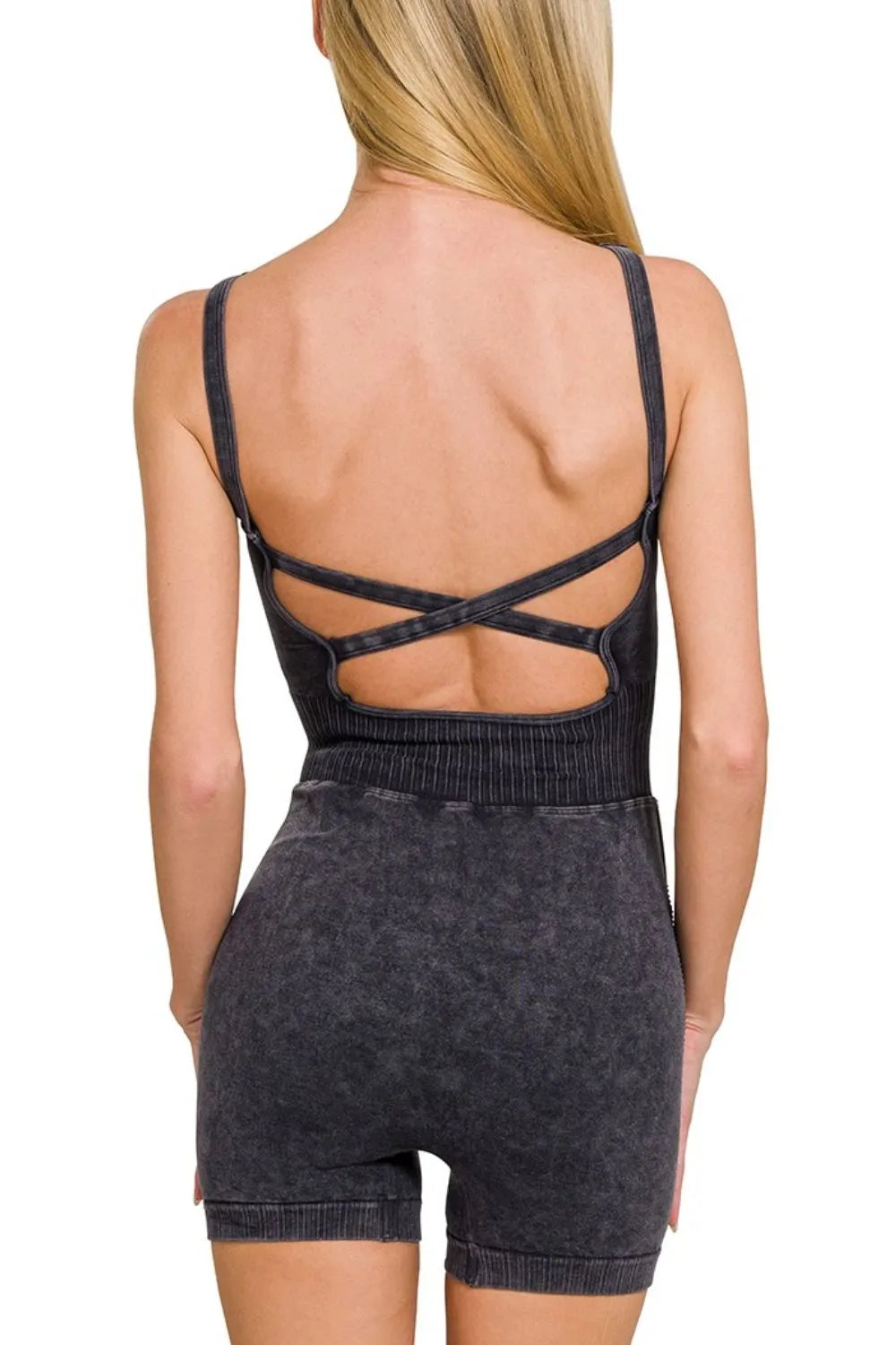 Zenana Washed Sports Romper With Removable Bra Pad Easy Apparels