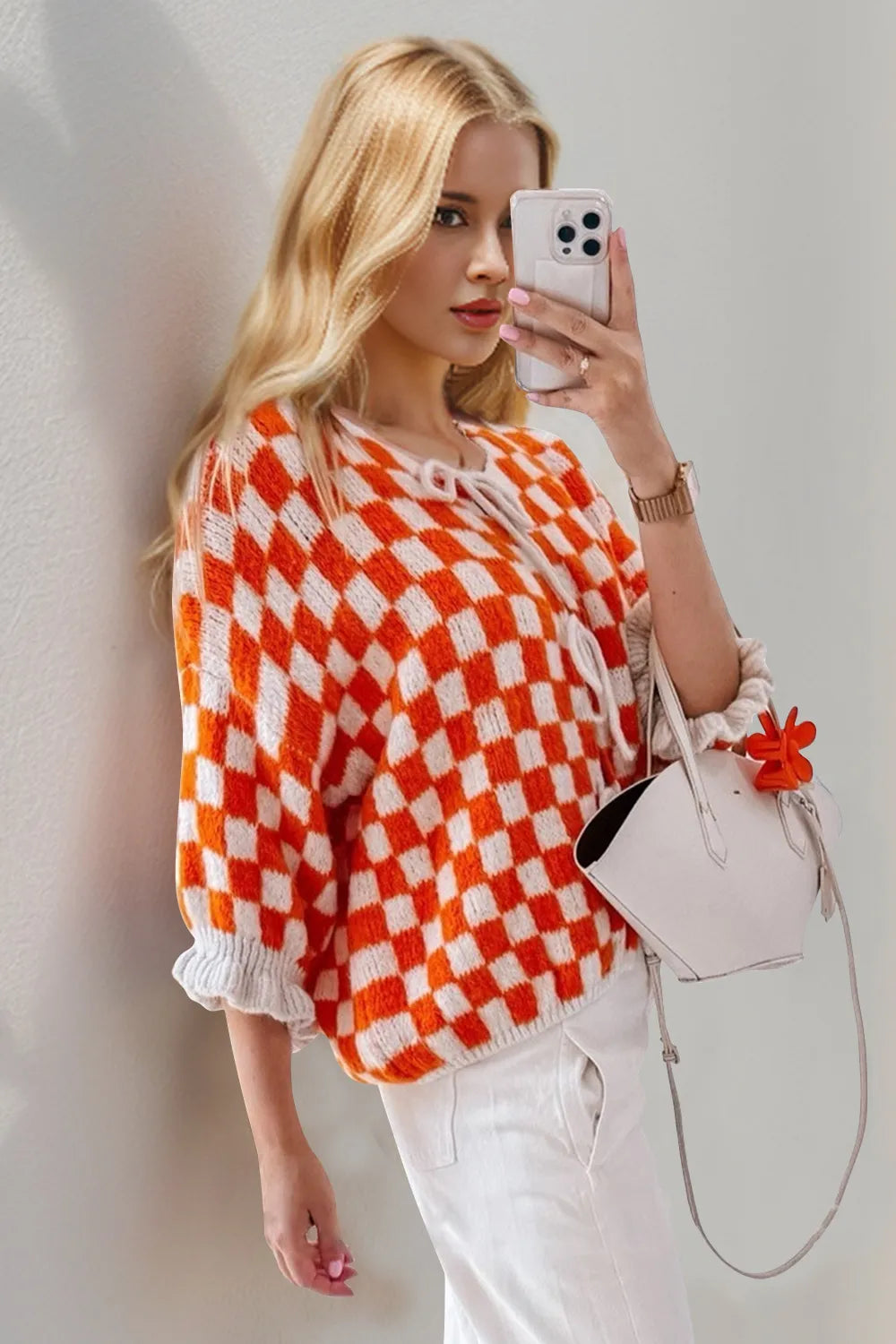 Double Take Tied Checkered Dropped Shoulder Flounce Sleeve Cardigan Easy Apparels