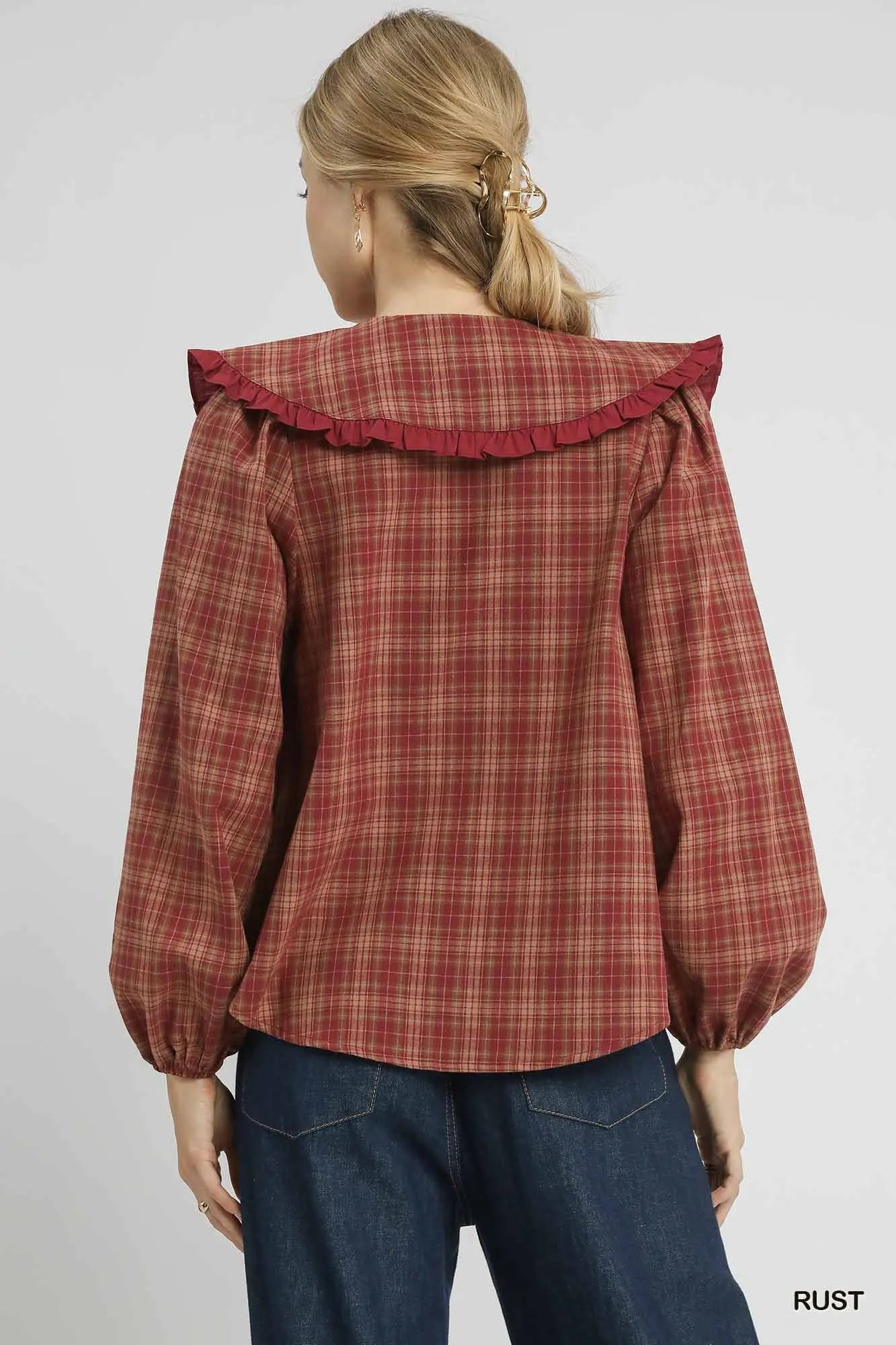 Umgee Full Size Plaid Ruffle Collar Blouse Plus Size Easy Apparels