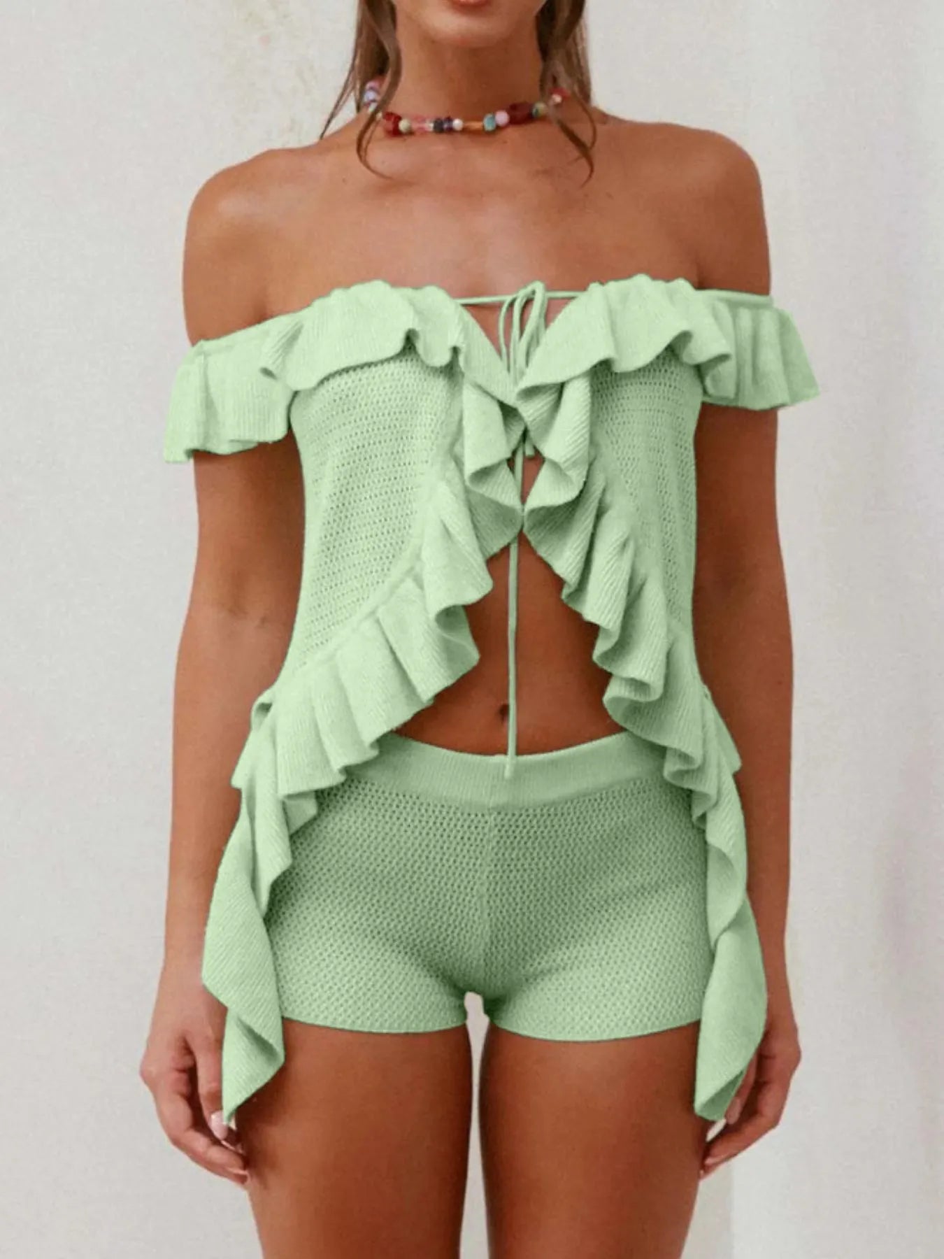 Off-Shoulder Ruffle Top and Shorts Sweater Set Easy Apparels