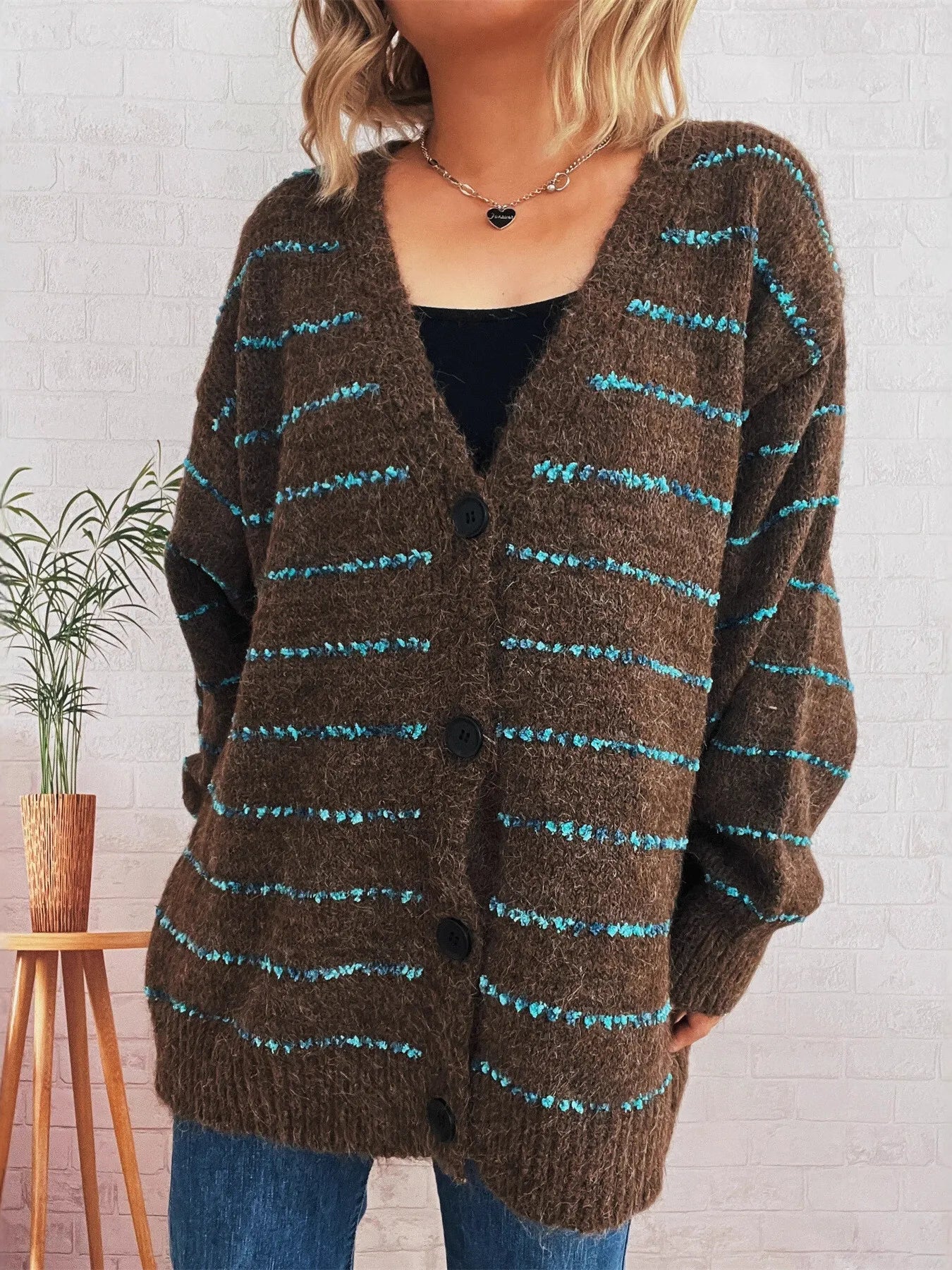 Striped Button-Up Cardigan with V-Neck Design Easy Apparels