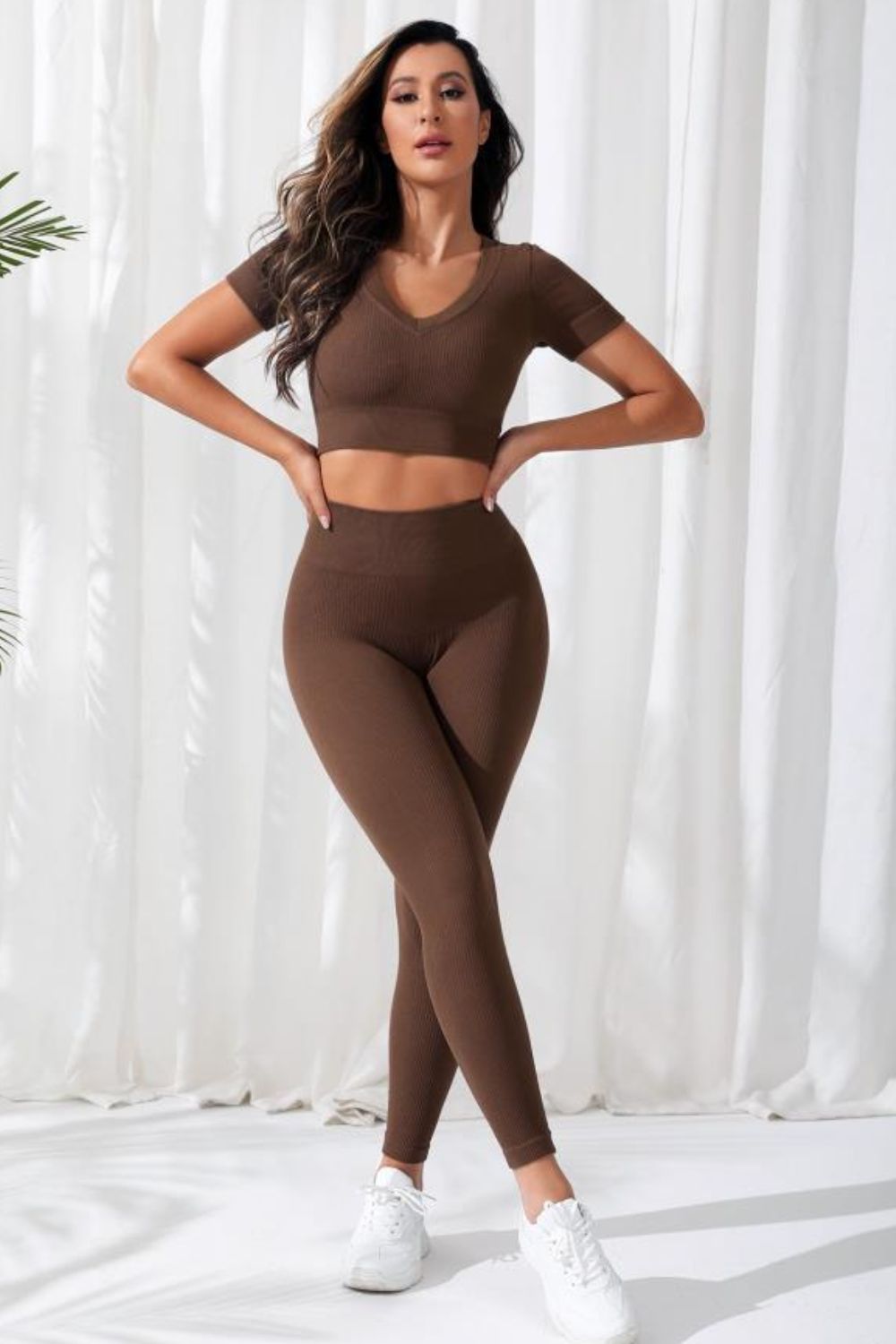 V-Neck Crop Top and High Waistband Long Active Pants Chocolate Easy Apparels