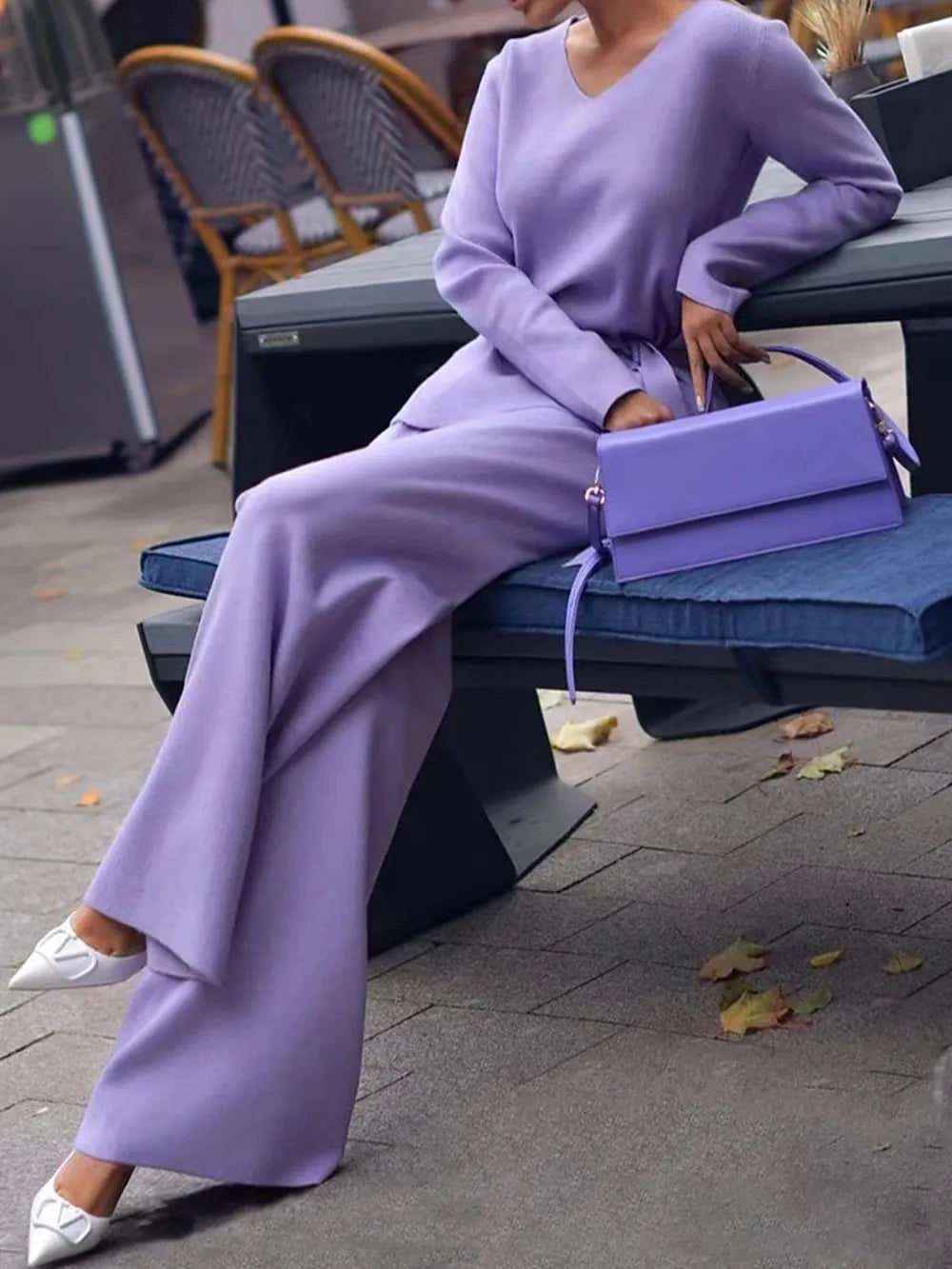 V-Neck Long Sleeve Top and Drawstring Pants Sweater Set Blue Purple One Size Easy Apparels