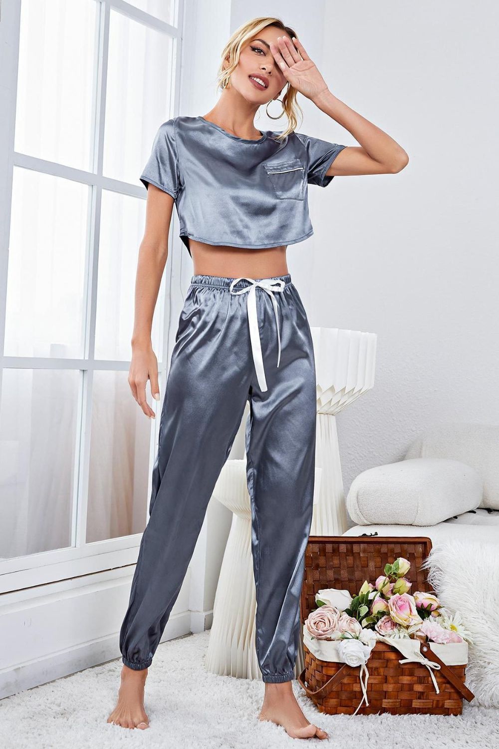 Satin Short Sleeve Crop Top and Joggers Lounge Set Easy Apparels