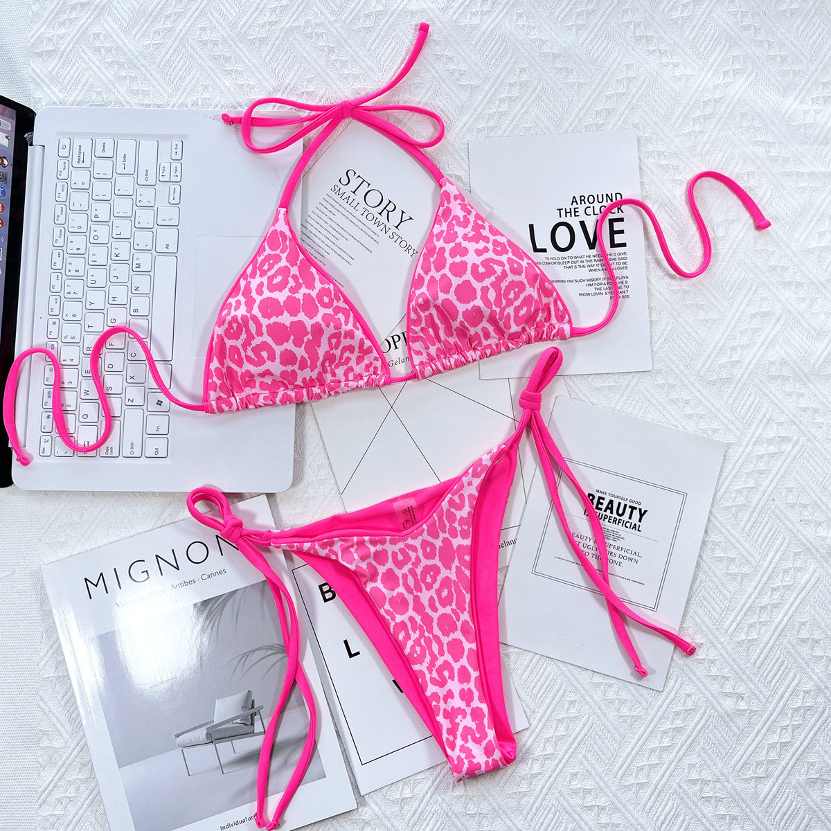Leopard Print Halter Neck Tie Side Bikini Set Easy Apparels